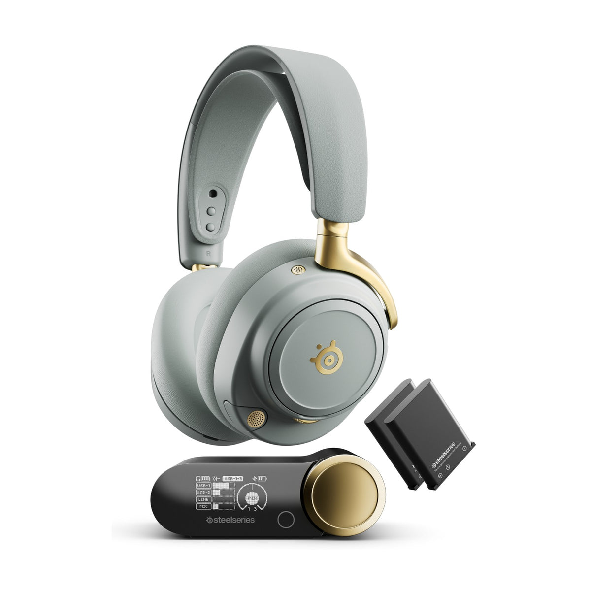 SteelSeries Arctis Nova Elite Wireless Multi-System Gaming Headset - Sage & Gold, front view on a white background