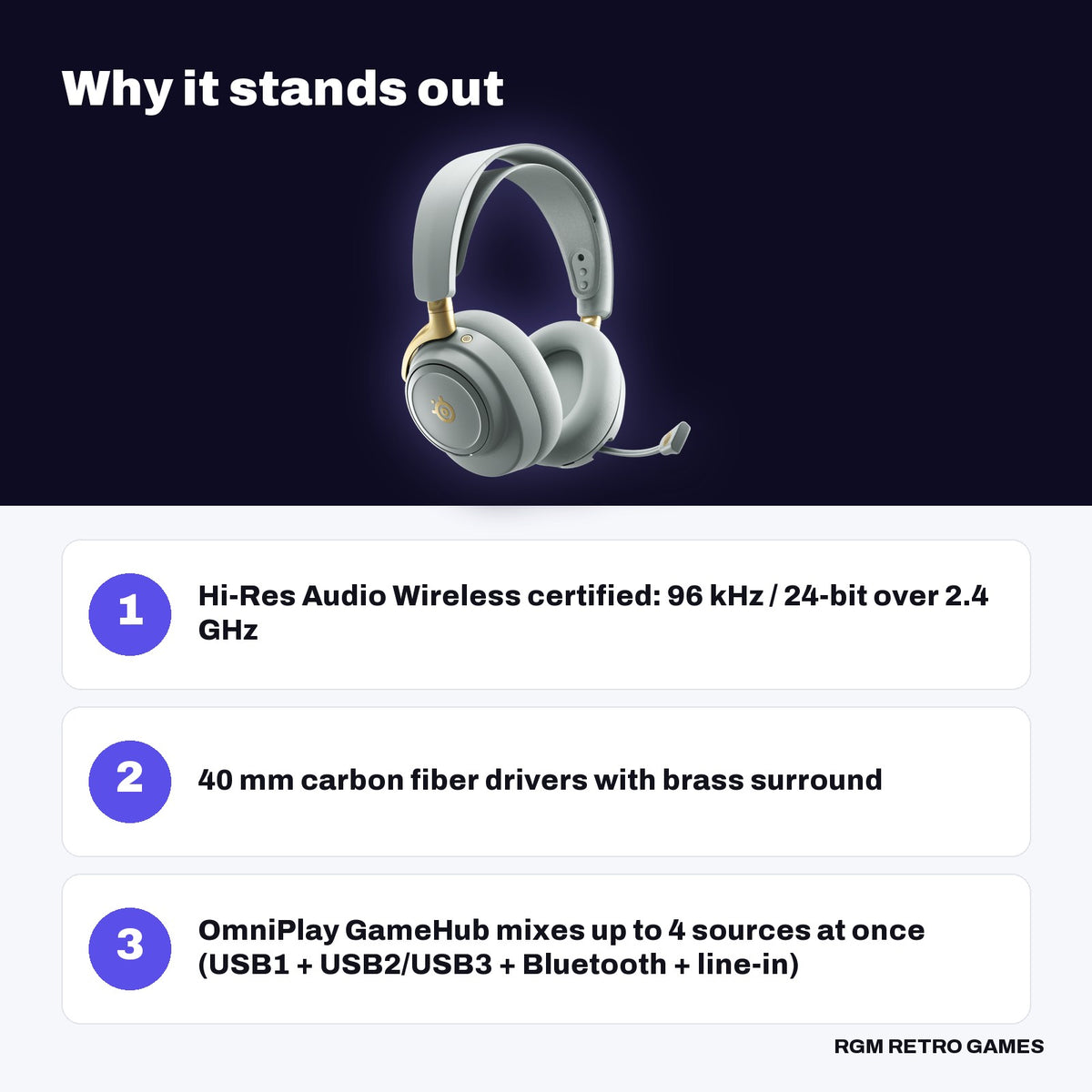 SteelSeries Arctis Nova Elite Wireless Multi-System Gaming Headset - Sage & Gold key features: Hi-Res Audio Wireless certified: 96 kHz / 24-bit over 2.4 GHz, 40 mm carbon fiber drivers with brass surround, OmniPlay GameHub mixes up to 4 sources at once (USB1 + USB2/USB3 + Bluetooth + line-in)