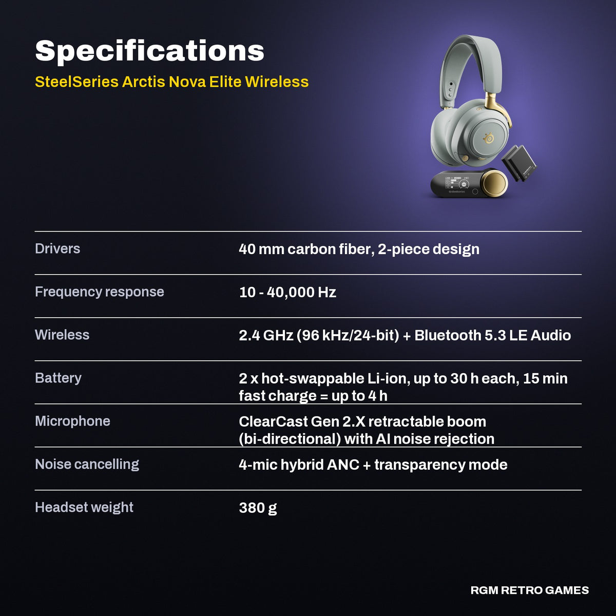 SteelSeries Arctis Nova Elite Wireless Multi-System Gaming Headset - Sage & Gold specifications
