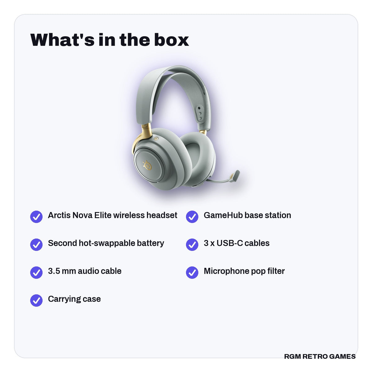 What's in the box with the SteelSeries Arctis Nova Elite Wireless Multi-System Gaming Headset - Sage & Gold