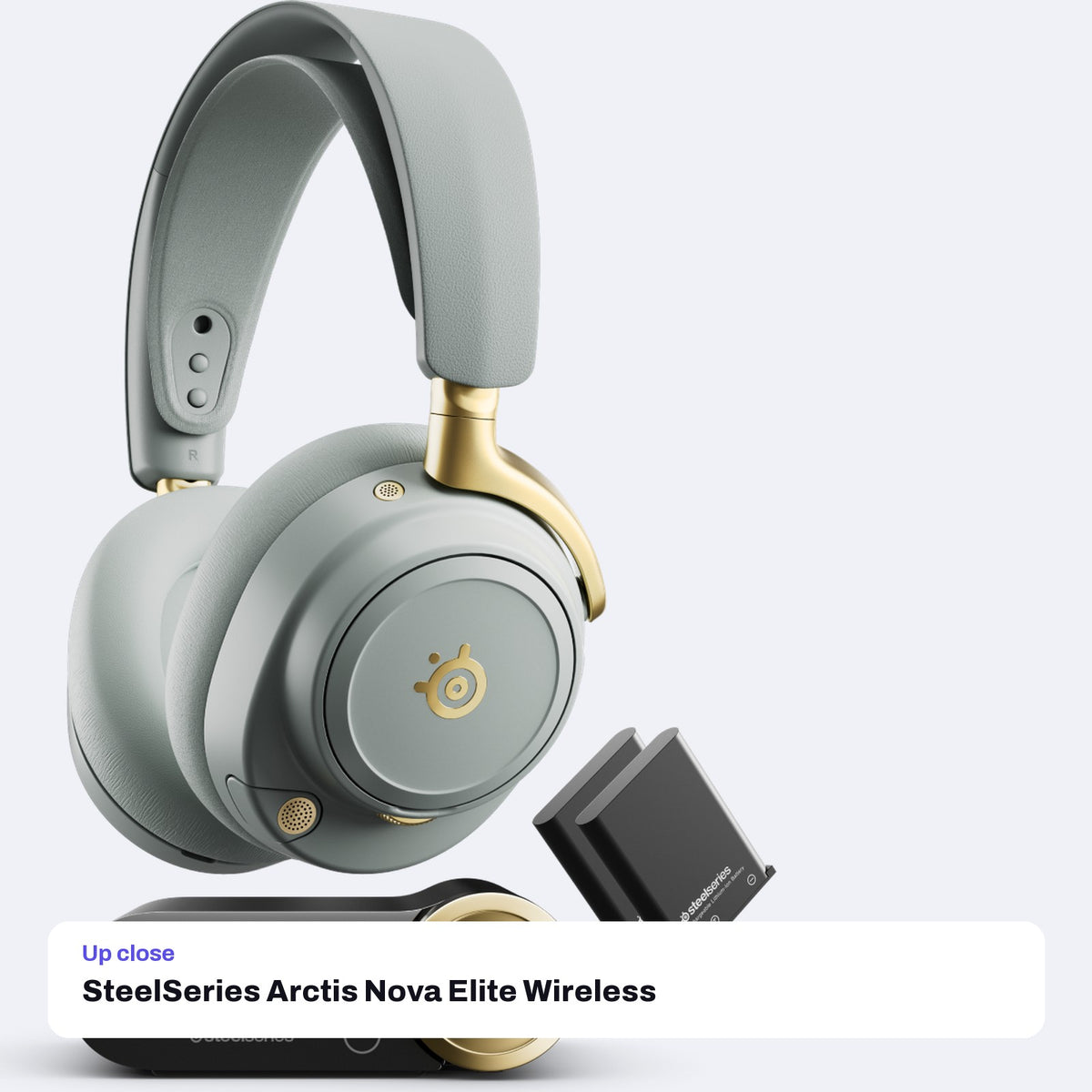 SteelSeries Arctis Nova Elite Wireless Multi-System Gaming Headset - Sage & Gold, close-up detail
