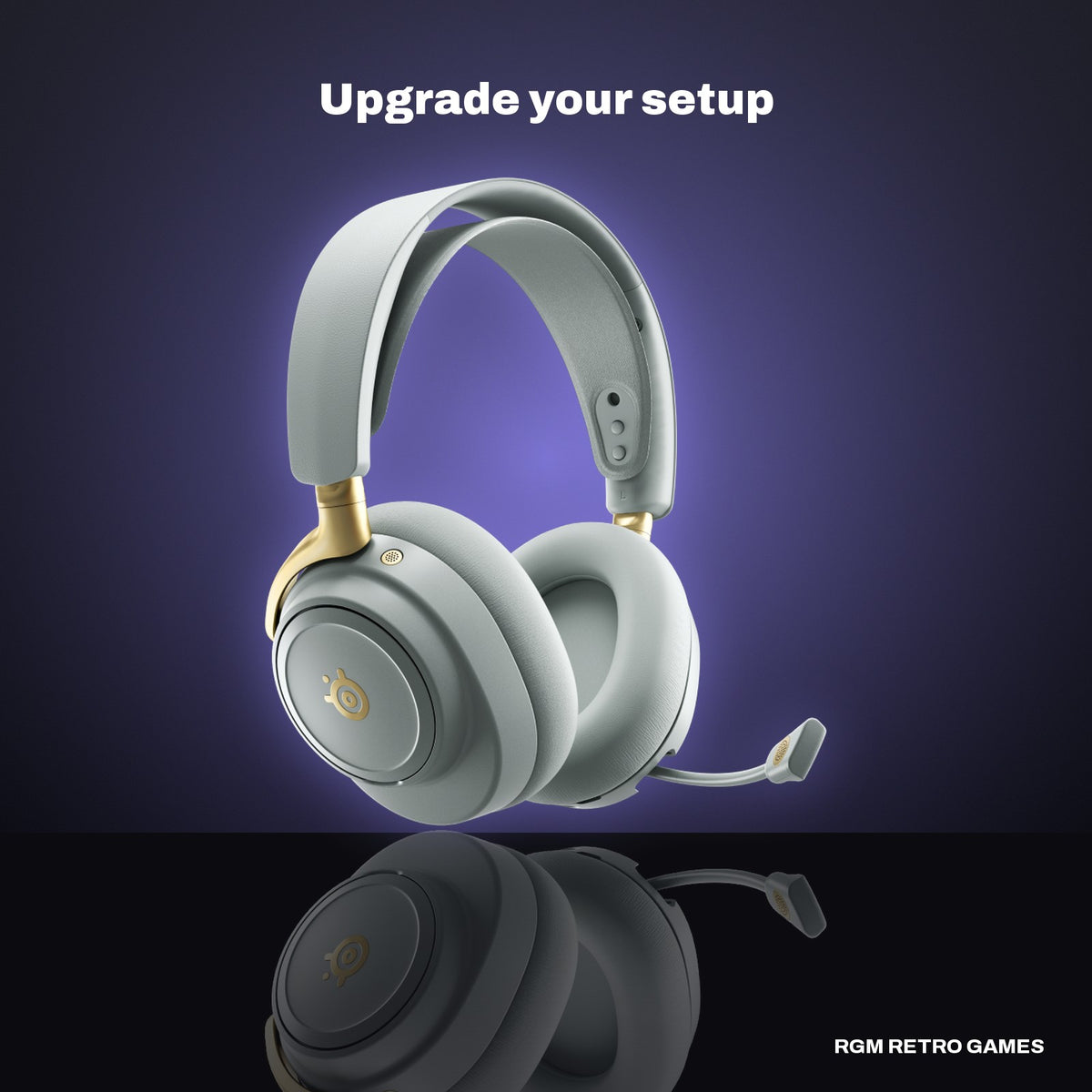 SteelSeries Arctis Nova Elite Wireless Multi-System Gaming Headset - Sage & Gold in a dark studio setting