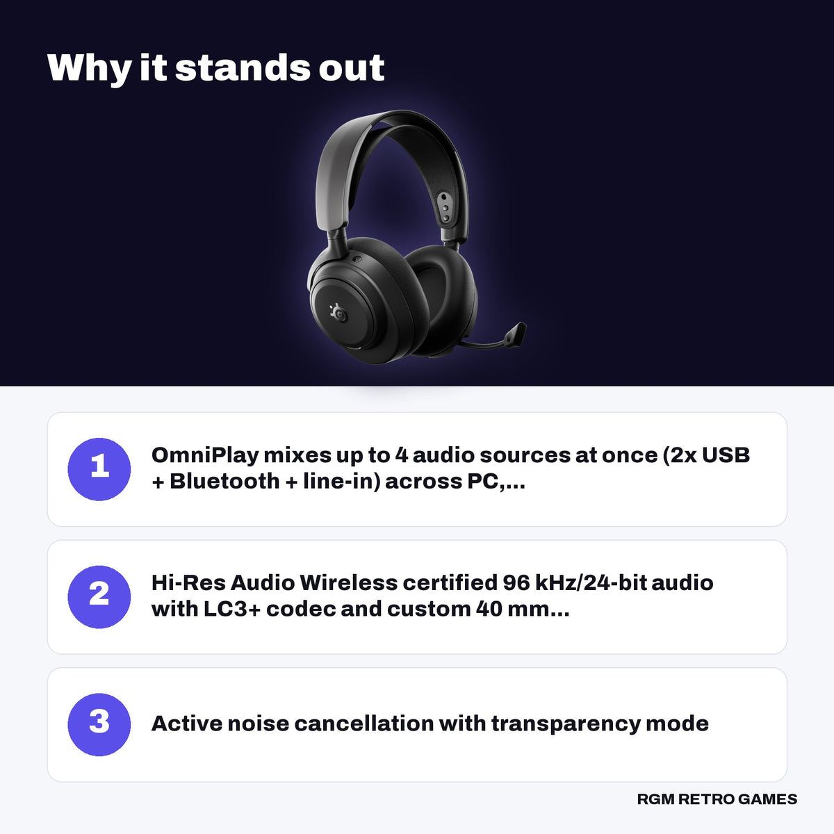 SteelSeries Arctis Nova Pro Omni Wireless Gaming Headset (Black) key features: OmniPlay mixes up to 4 audio sources at once (2x USB + Bluetooth + line-in) across PC,..., Hi-Res Audio Wireless certified 96 kHz/24-bit audio with LC3+ codec and custom 40 mm..., Active noise cancellation with transparency mode