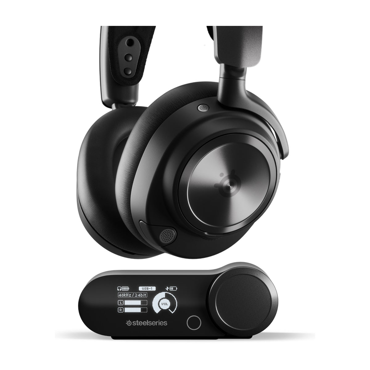 SteelSeries Arctis Nova Pro Wireless Multi-System Gaming Headset (PC/PlayStation) - Black, front view on a white background
