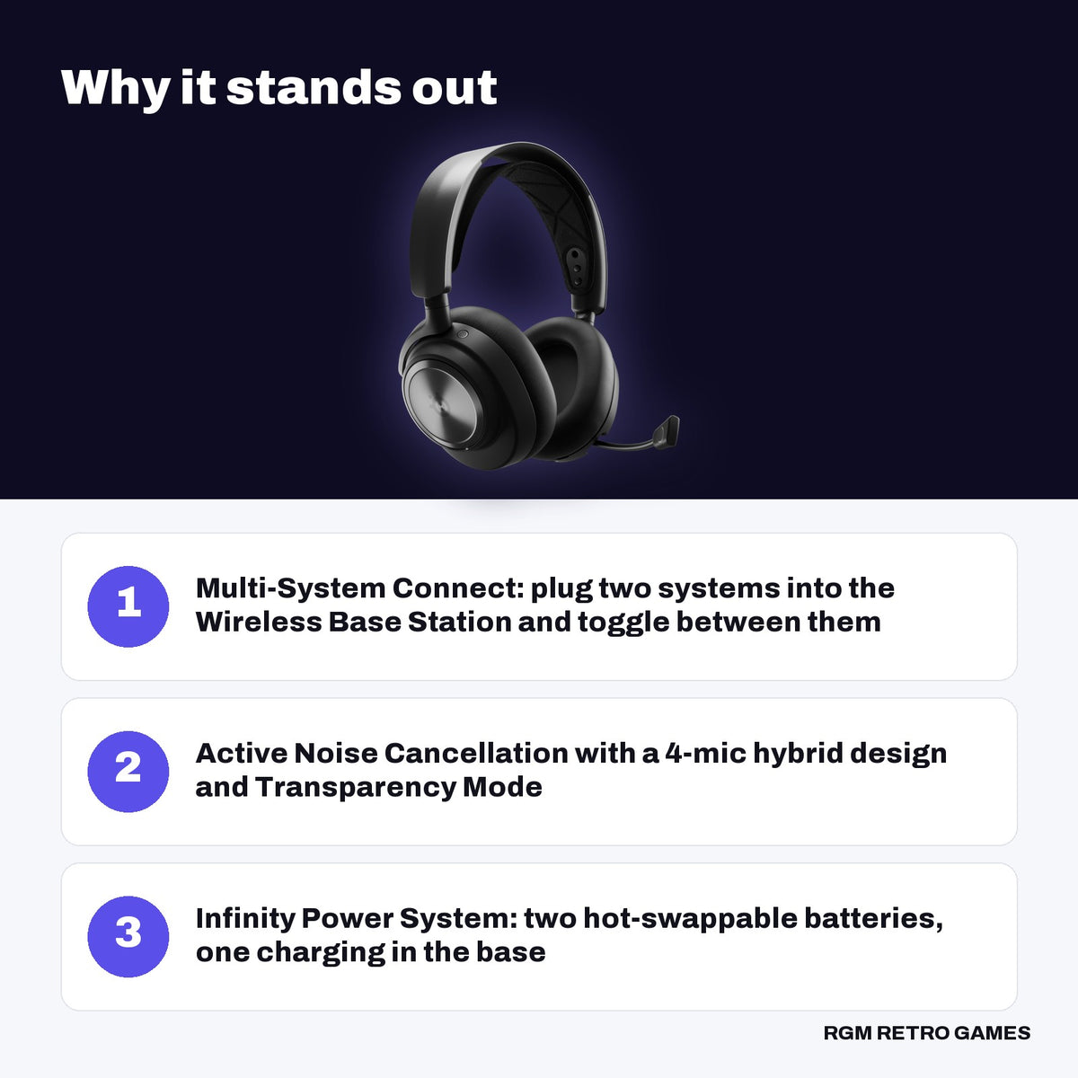 SteelSeries Arctis Nova Pro Wireless Multi-System Gaming Headset (PC/PlayStation) - Black key features: Multi-System Connect: plug two systems into the Wireless Base Station and toggle between them, Active Noise Cancellation with a 4-mic hybrid design and Transparency Mode, Infinity Power System: two hot-swappable batteries, one charging in the base