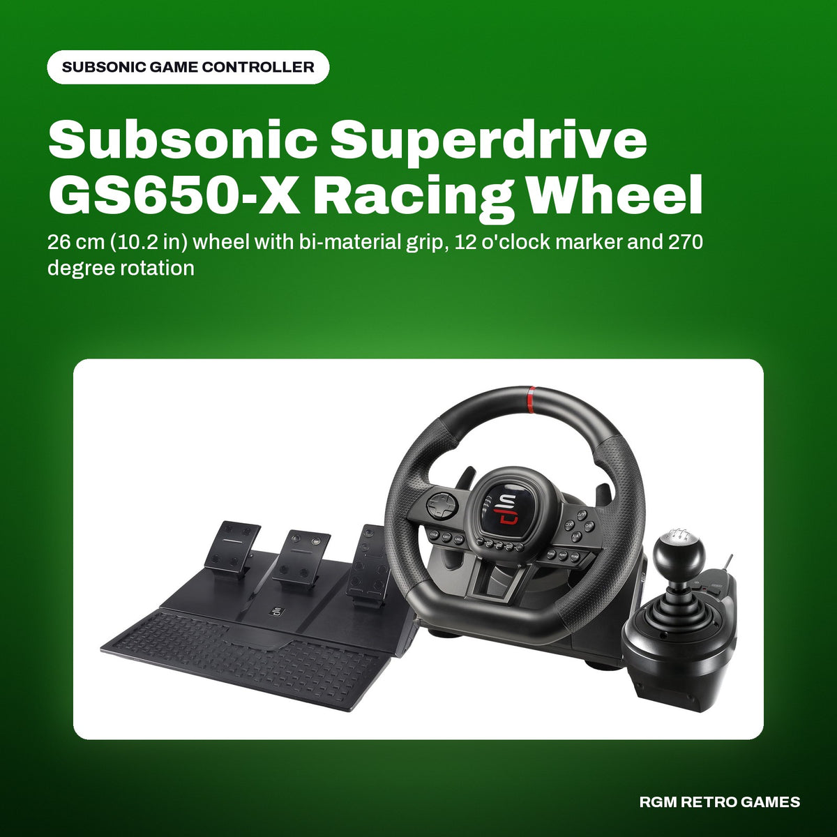 Subsonic Superdrive GS650-X Racing Wheel with Manual Shifter and 3 Pedals (Xbox Series X|S, Xbox One, PS4) in a Subsonic color scene