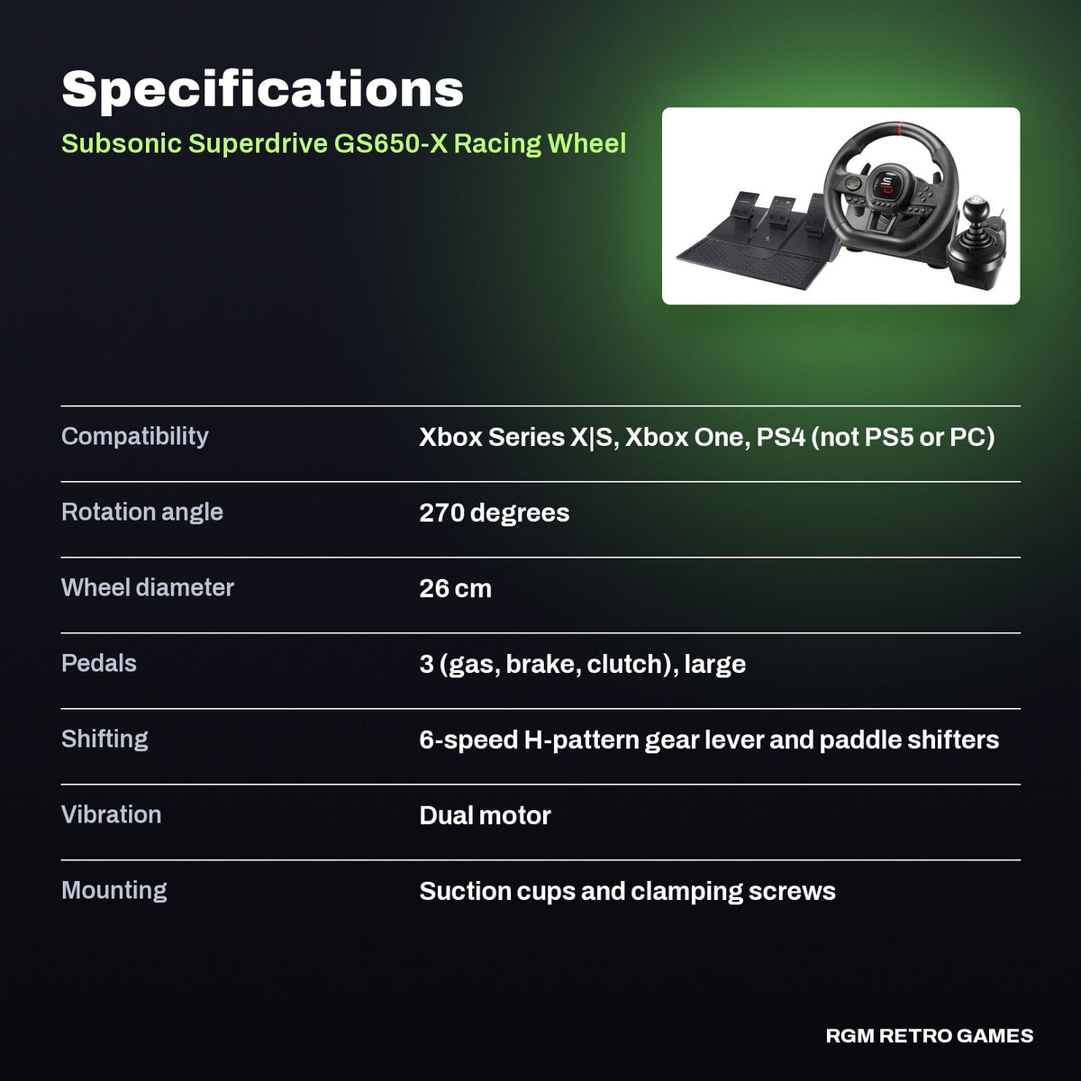 Subsonic Superdrive GS650-X Racing Wheel with Manual Shifter and 3 Pedals (Xbox Series X|S, Xbox One, PS4) specifications