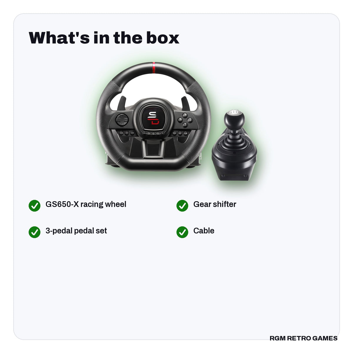 What's in the box with the Subsonic Superdrive GS650-X Racing Wheel with Manual Shifter and 3 Pedals (Xbox Series X|S, Xbox One, PS4)