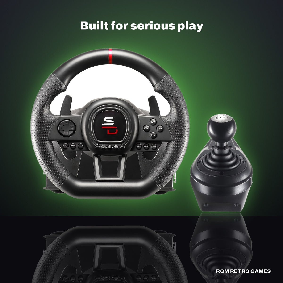 Subsonic Superdrive GS650-X Racing Wheel with Manual Shifter and 3 Pedals (Xbox Series X|S, Xbox One, PS4) in a dark studio setting