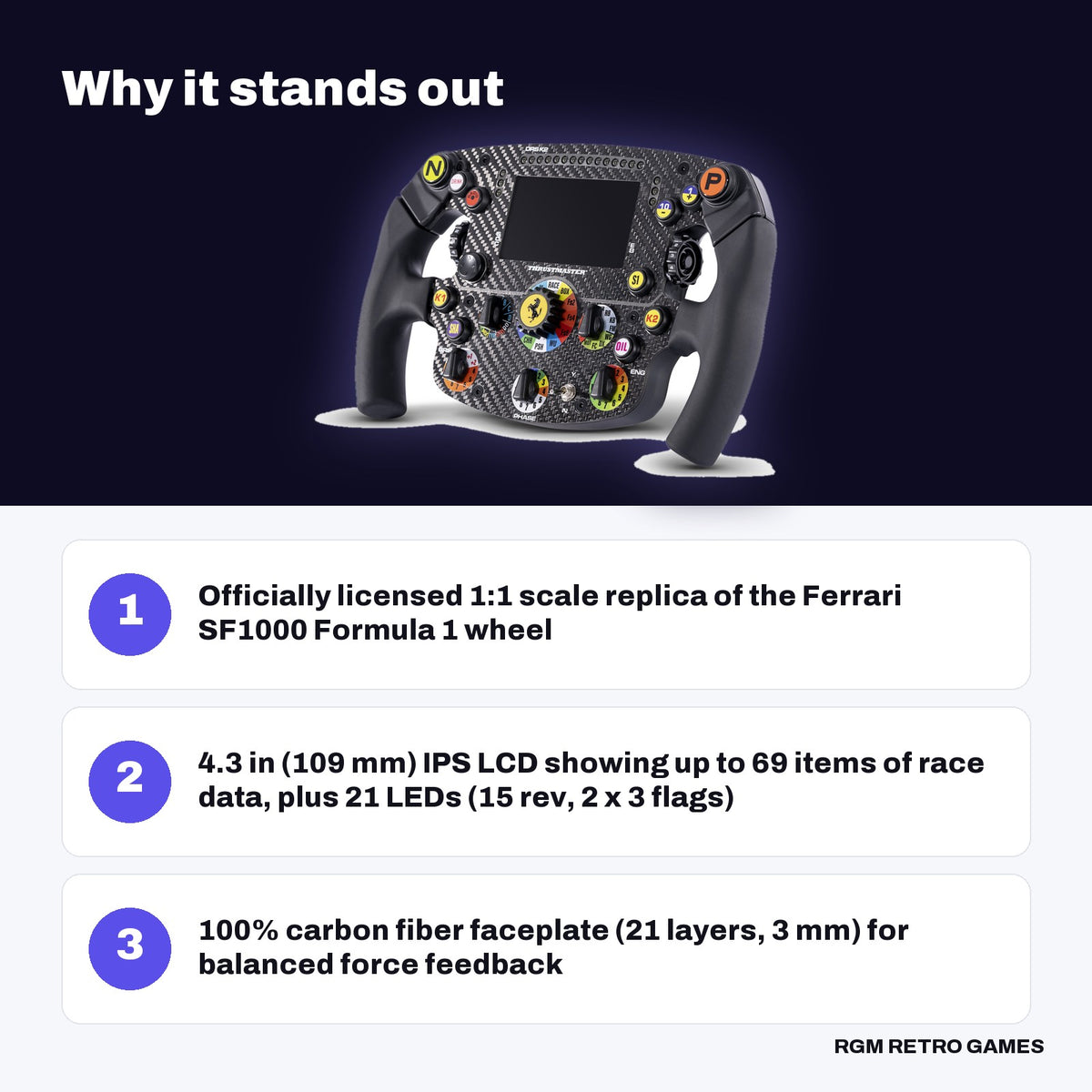 Thrustmaster Formula Wheel Add-On Ferrari SF1000 Edition key features: Officially licensed 1:1 scale replica of the Ferrari SF1000 Formula 1 wheel, 4.3 in (109 mm) IPS LCD showing up to 69 items of race data, plus 21 LEDs (15 rev, 2 x 3 flags), 100% carbon fiber faceplate (21 layers, 3 mm) for balanced force feedback