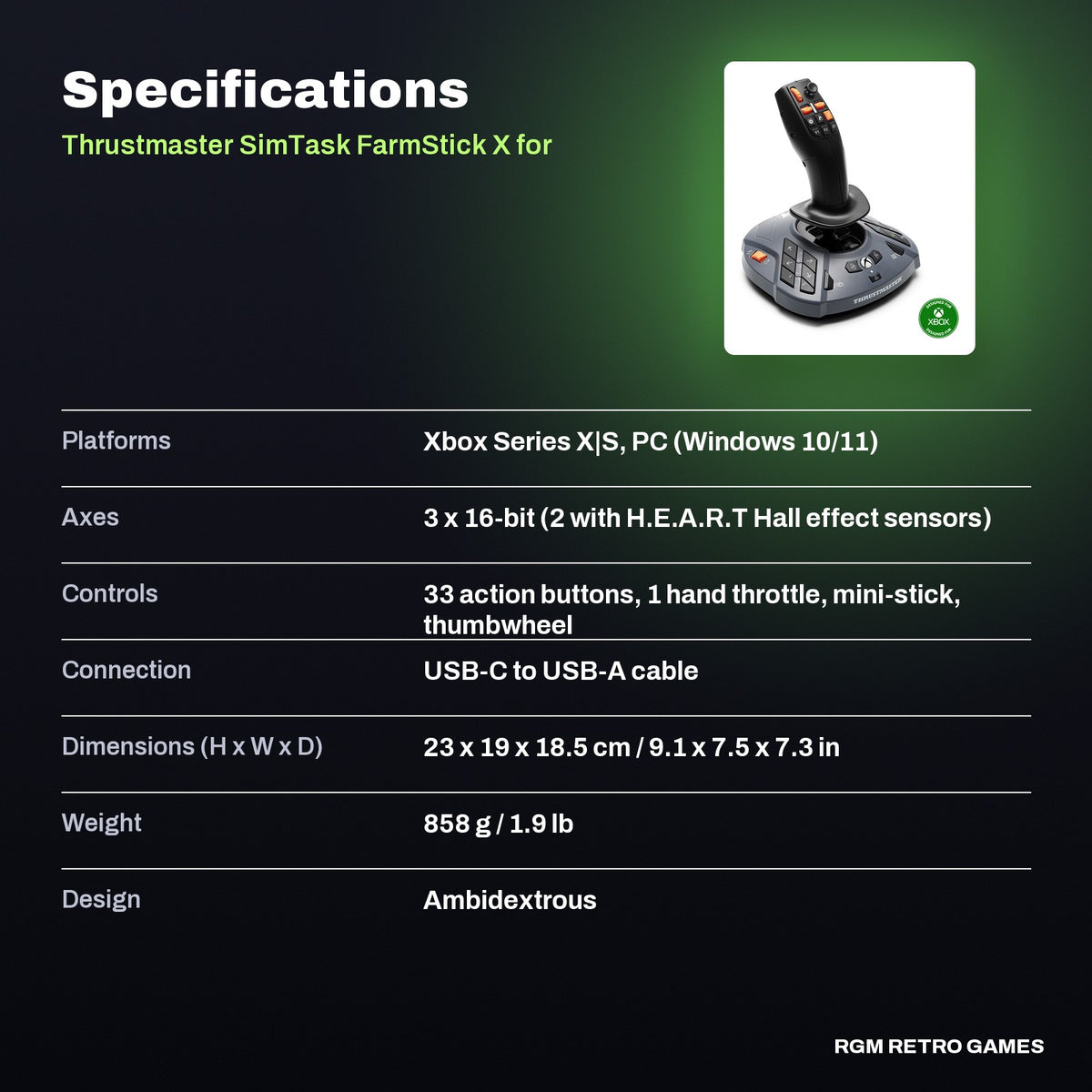 Thrustmaster SimTask FarmStick X for Xbox Series X|S and PC specifications