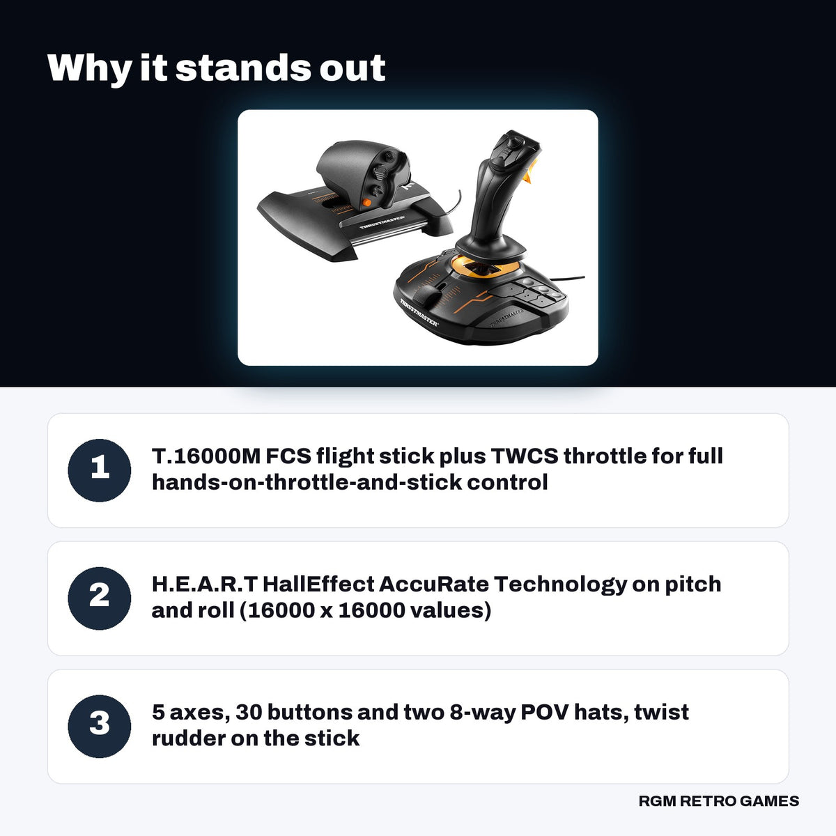 Thrustmaster T.16000M FCS HOTAS key features: T.16000M FCS flight stick plus TWCS throttle for full hands-on-throttle-and-stick control, H.E.A.R.T HallEffect AccuRate Technology on pitch and roll (16000 x 16000 values), 5 axes, 30 buttons and two 8-way POV hats, twist rudder on the stick