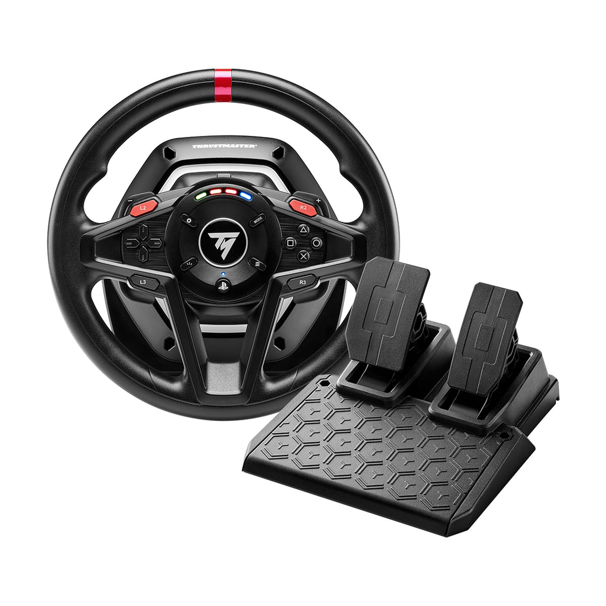 Thrustmaster T128 Force Feedback Racing Wheel and Pedals for PS5, PS4 and PC, front view on a white background