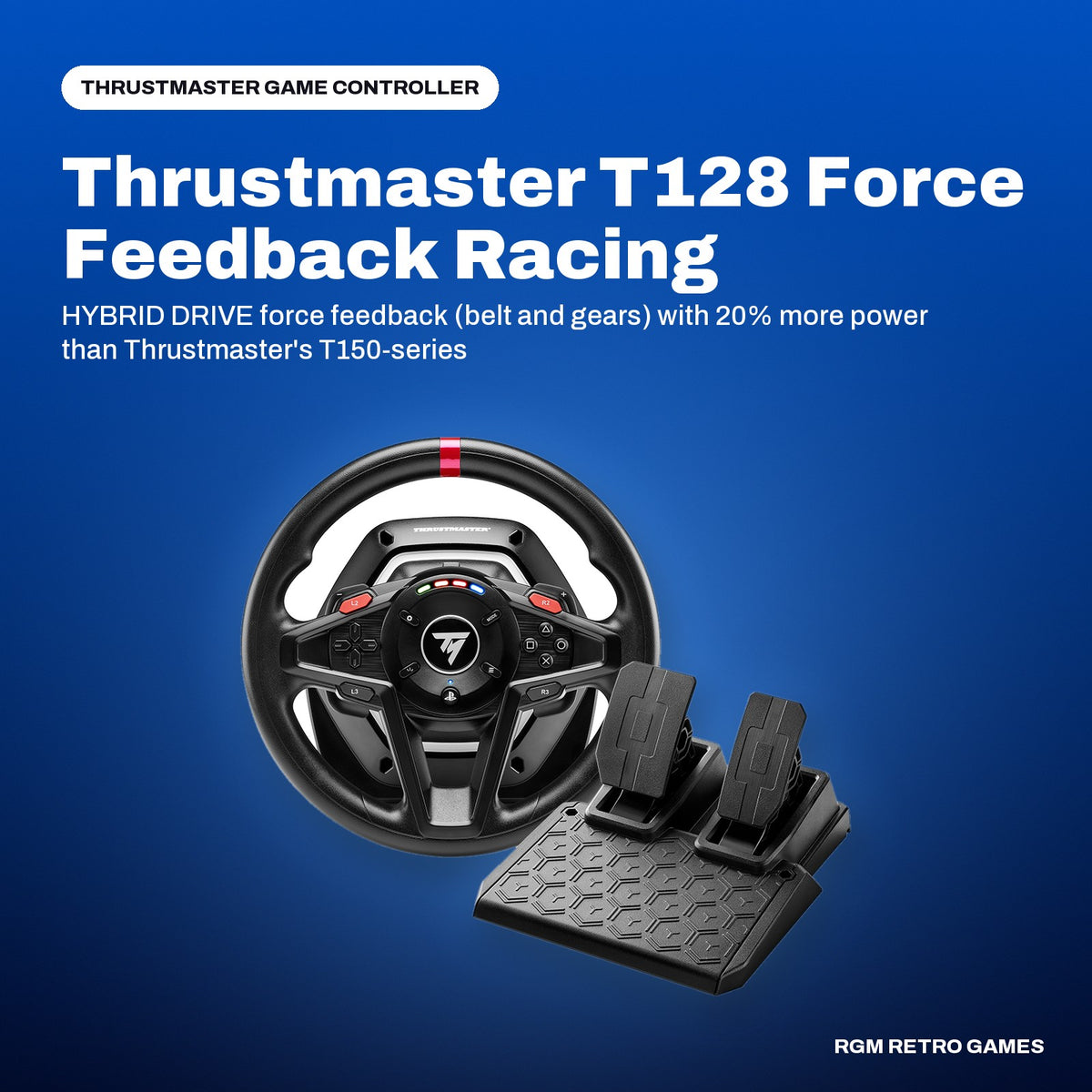 Thrustmaster T128 Force Feedback Racing Wheel and Pedals for PS5, PS4 and PC in a Thrustmaster color scene