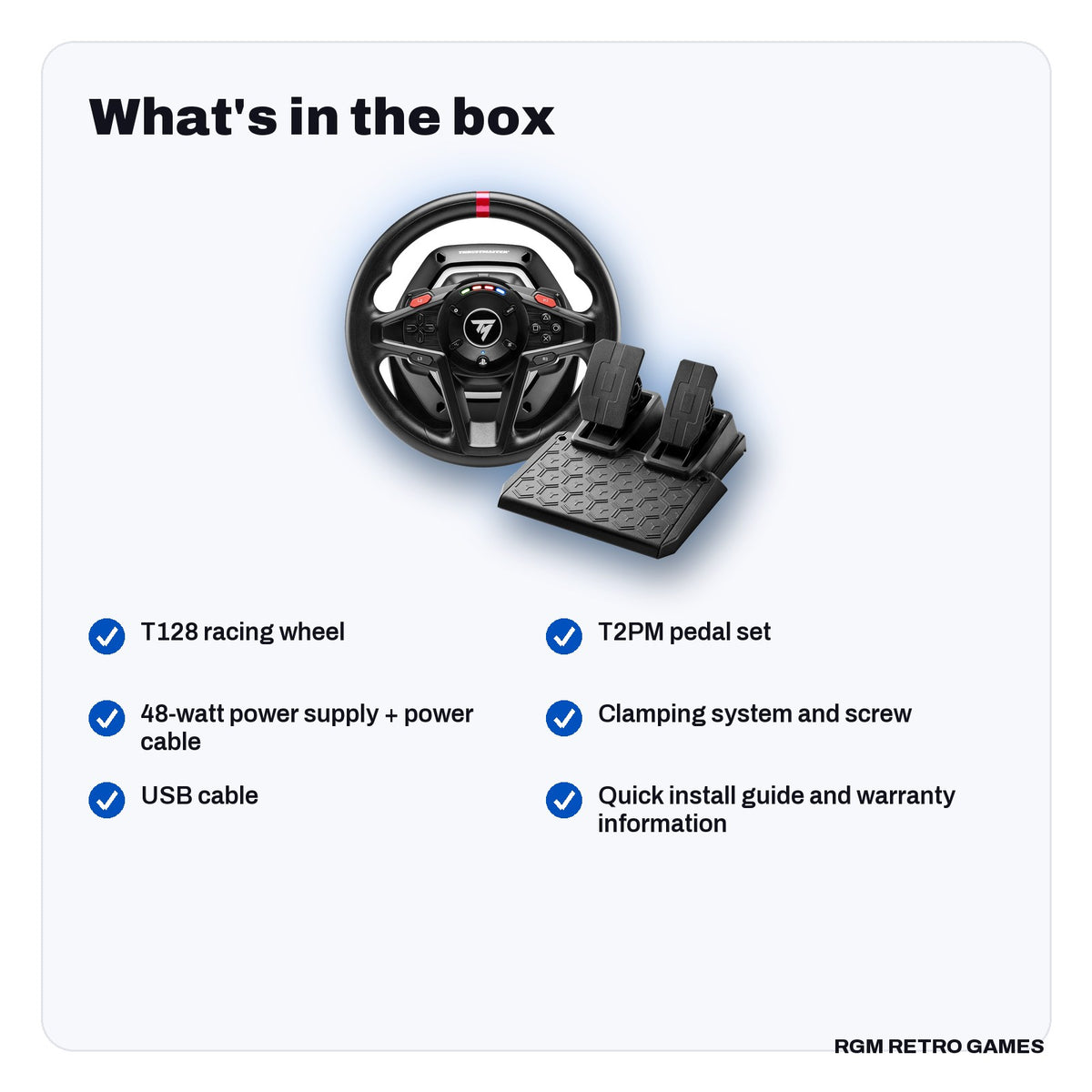 What's in the box with the Thrustmaster T128 Force Feedback Racing Wheel and Pedals for PS5, PS4 and PC