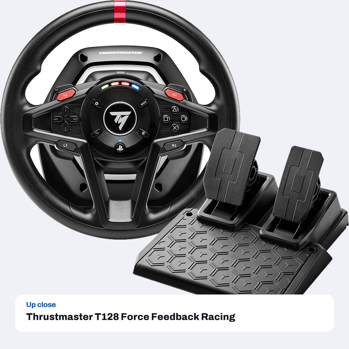 Thrustmaster T128 Force Feedback Racing Wheel and Pedals for PS5, PS4 and PC, close-up detail