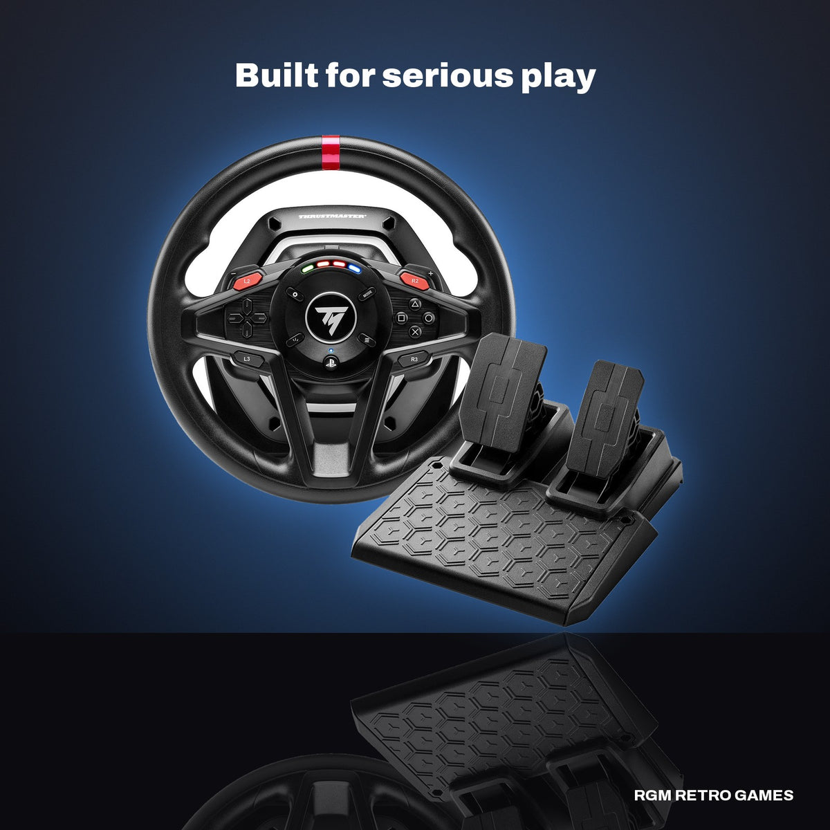 Thrustmaster T128 Force Feedback Racing Wheel and Pedals for PS5, PS4 and PC in a dark studio setting
