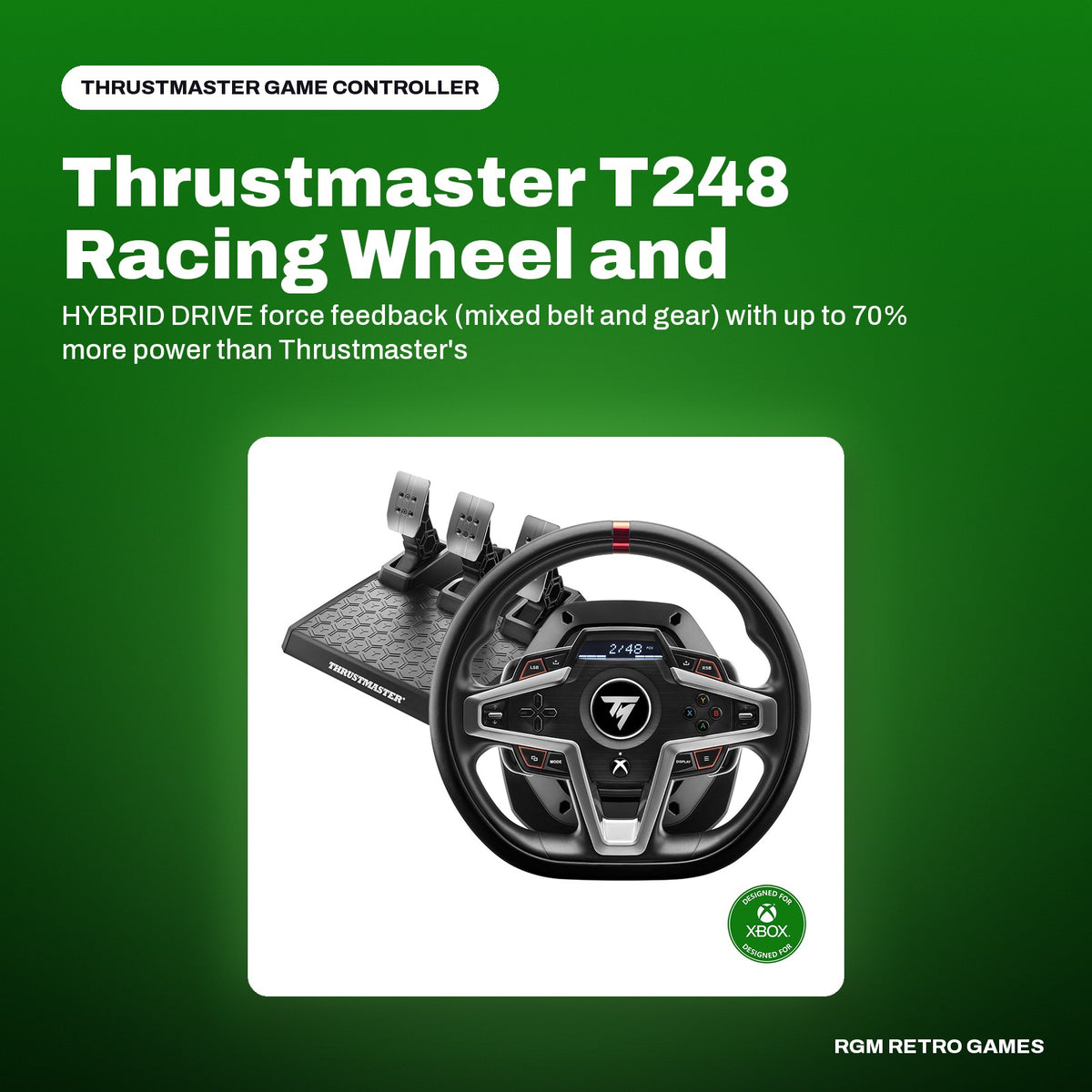 Thrustmaster T248 Racing Wheel and Magnetic Pedals for Xbox Series X|S, Xbox One and PC in a Thrustmaster color scene