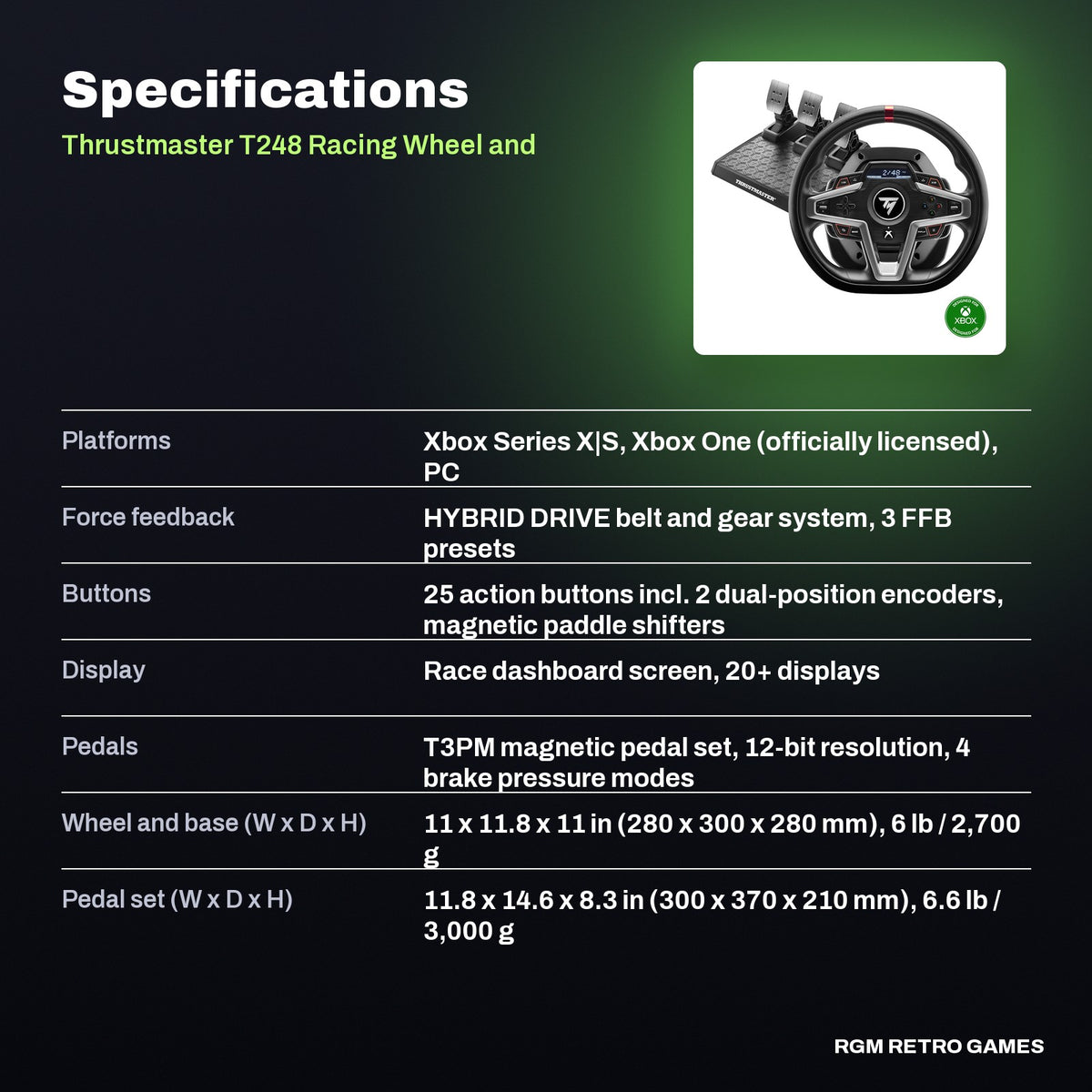Thrustmaster T248 Racing Wheel and Magnetic Pedals for Xbox Series X|S, Xbox One and PC specifications