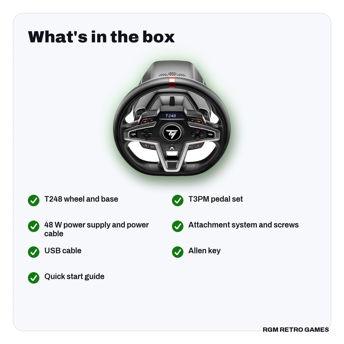 What's in the box with the Thrustmaster T248 Racing Wheel and Magnetic Pedals for Xbox Series X|S, Xbox One and PC