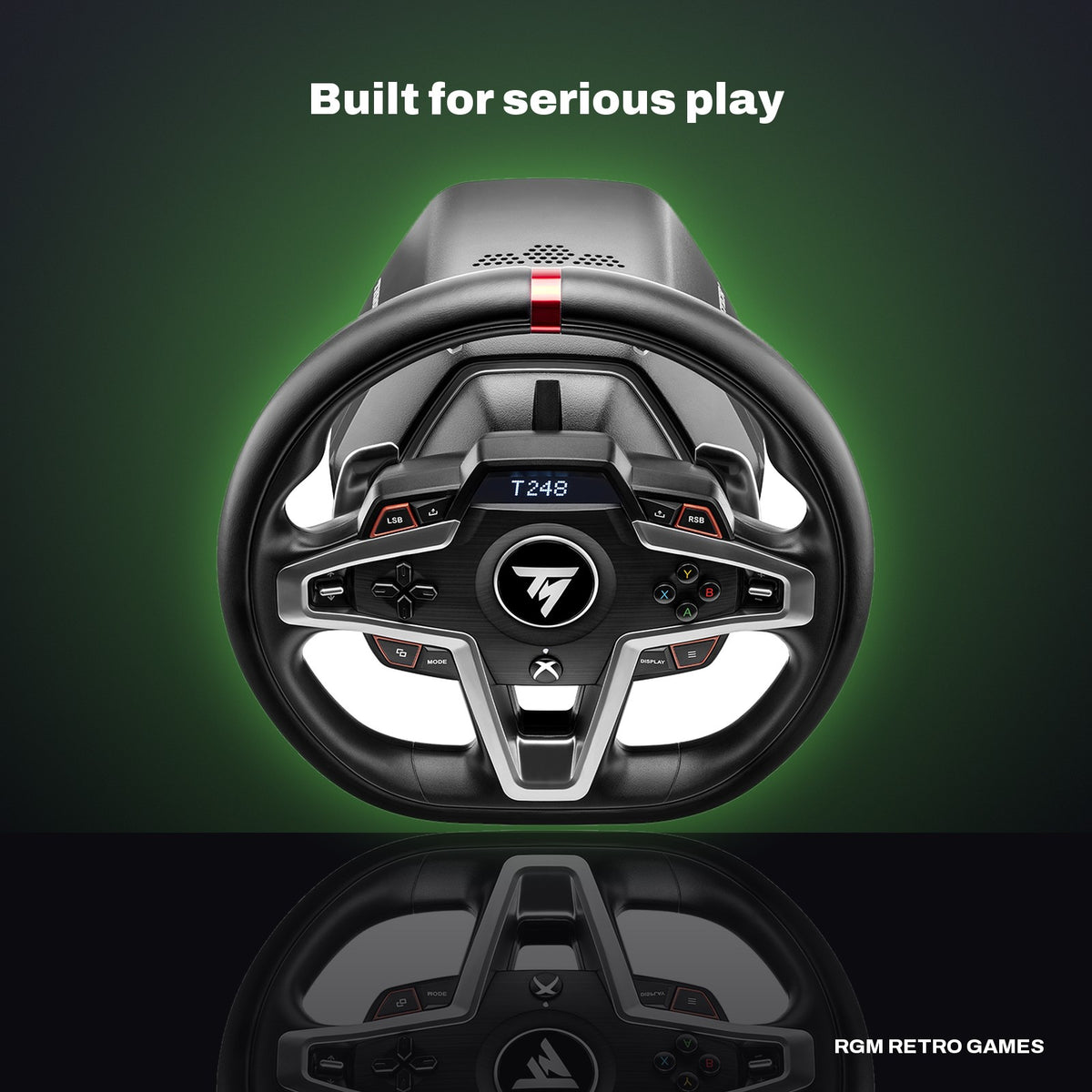 Thrustmaster T248 Racing Wheel and Magnetic Pedals for Xbox Series X|S, Xbox One and PC in a dark studio setting