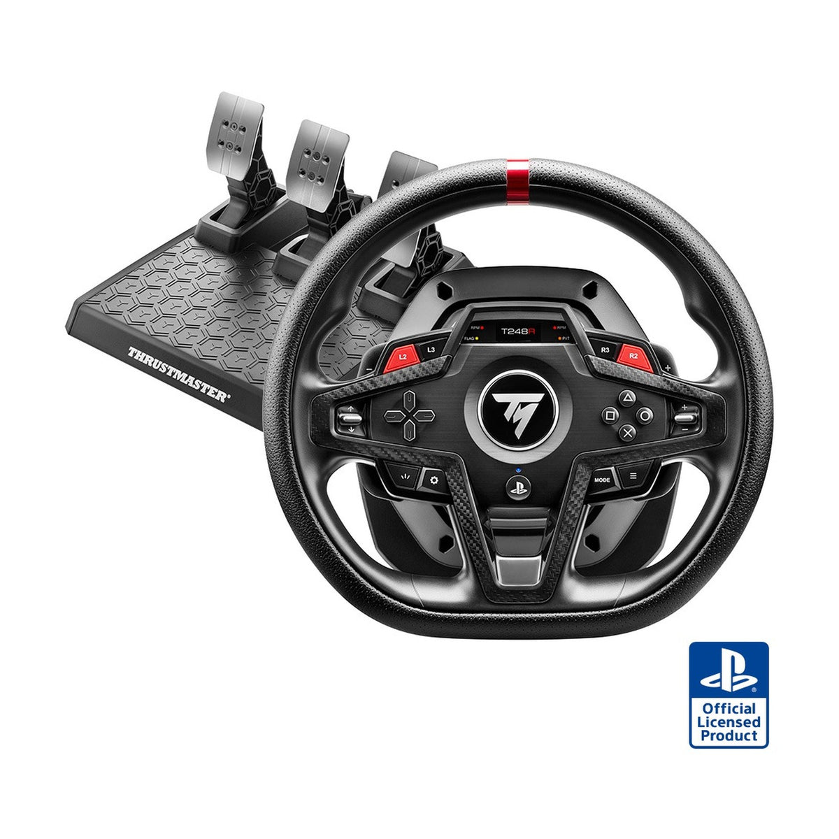 Thrustmaster T248R Racing Wheel and T3PM Magnetic Pedals (PS5, PS4, PC), front view on a white background