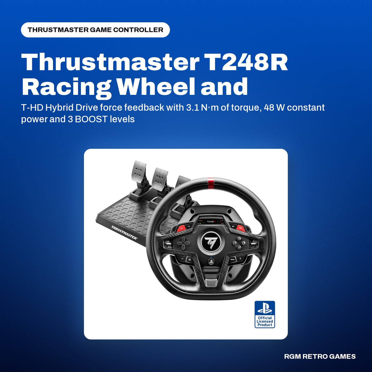 Thrustmaster T248R Racing Wheel and T3PM Magnetic Pedals (PS5, PS4, PC) in a Thrustmaster color scene