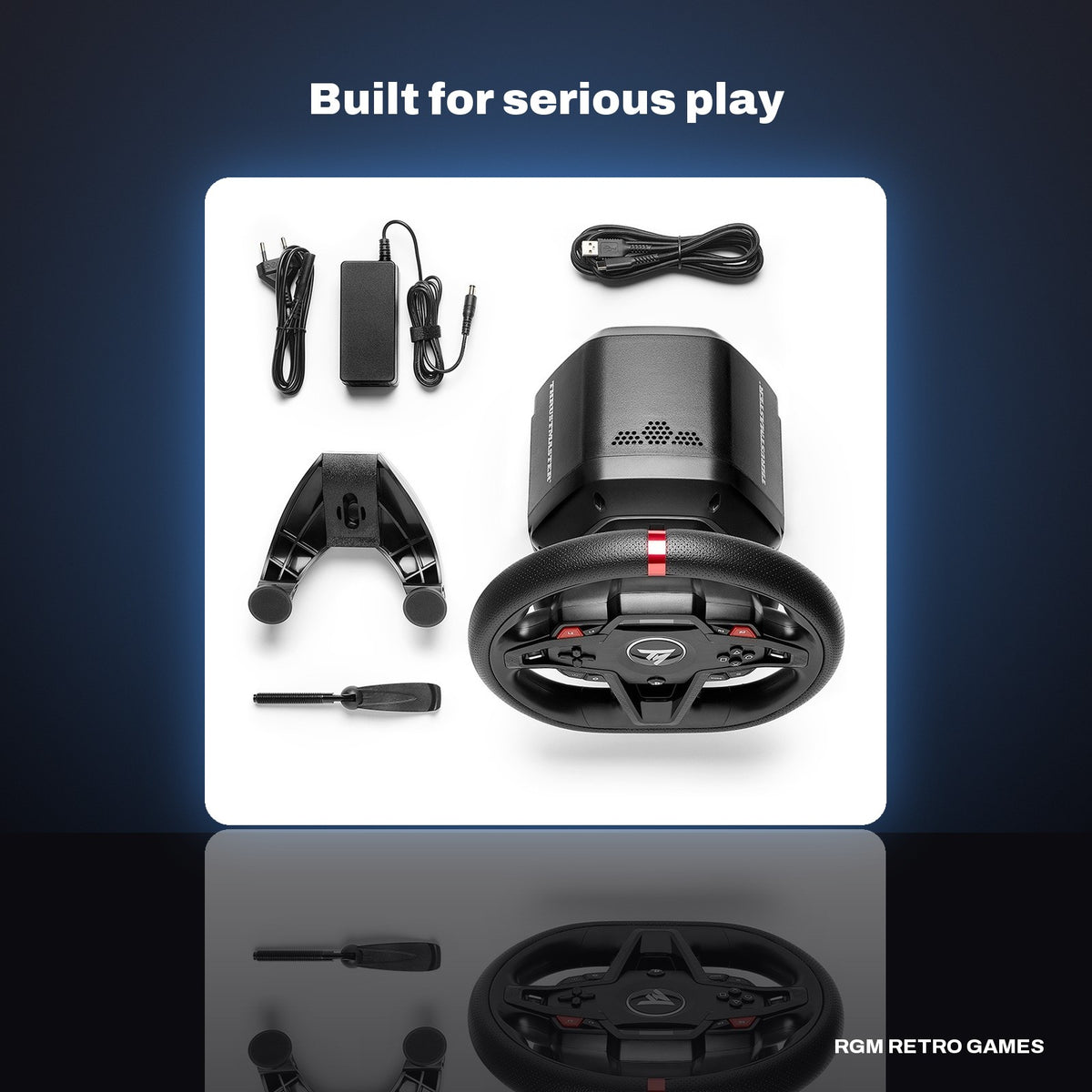 Thrustmaster T248R Racing Wheel and T3PM Magnetic Pedals (PS5, PS4, PC) in a dark studio setting