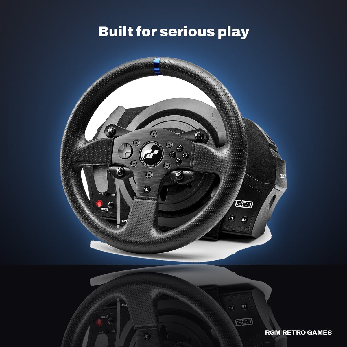 Thrustmaster T300RS GT Edition Racing Wheel and Pedals (PS5, PS4, PC) in a dark studio setting