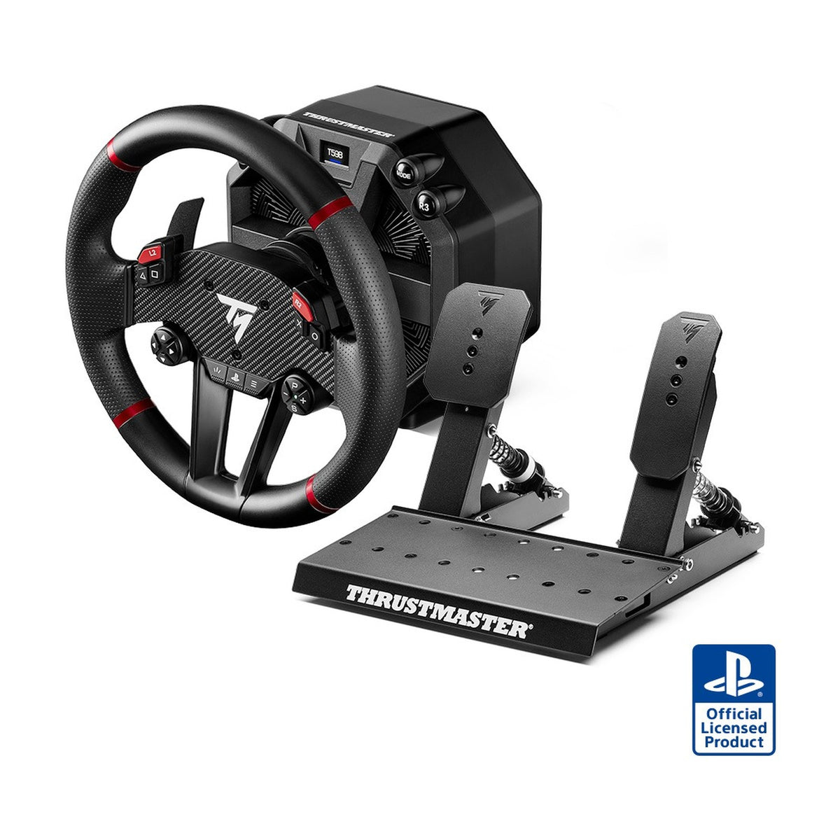 Thrustmaster T598 Direct Axial Drive Racing Wheel and Pedal Set (PS5, PS4, PC), front view on a white background