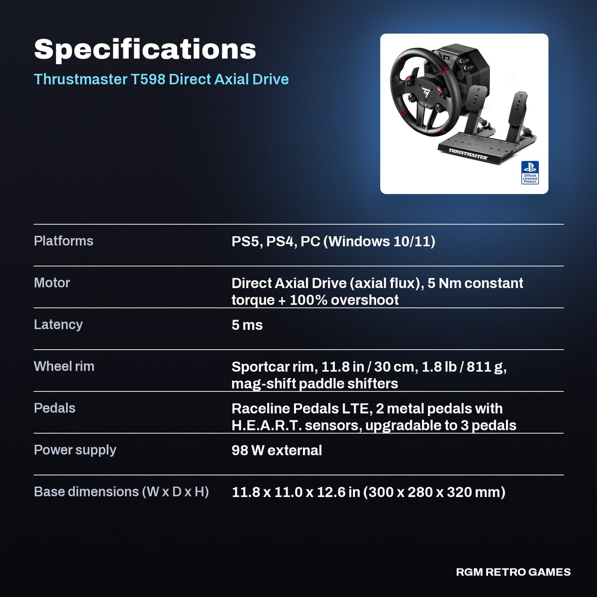 Thrustmaster T598 Direct Axial Drive Racing Wheel and Pedal Set (PS5, PS4, PC) specifications