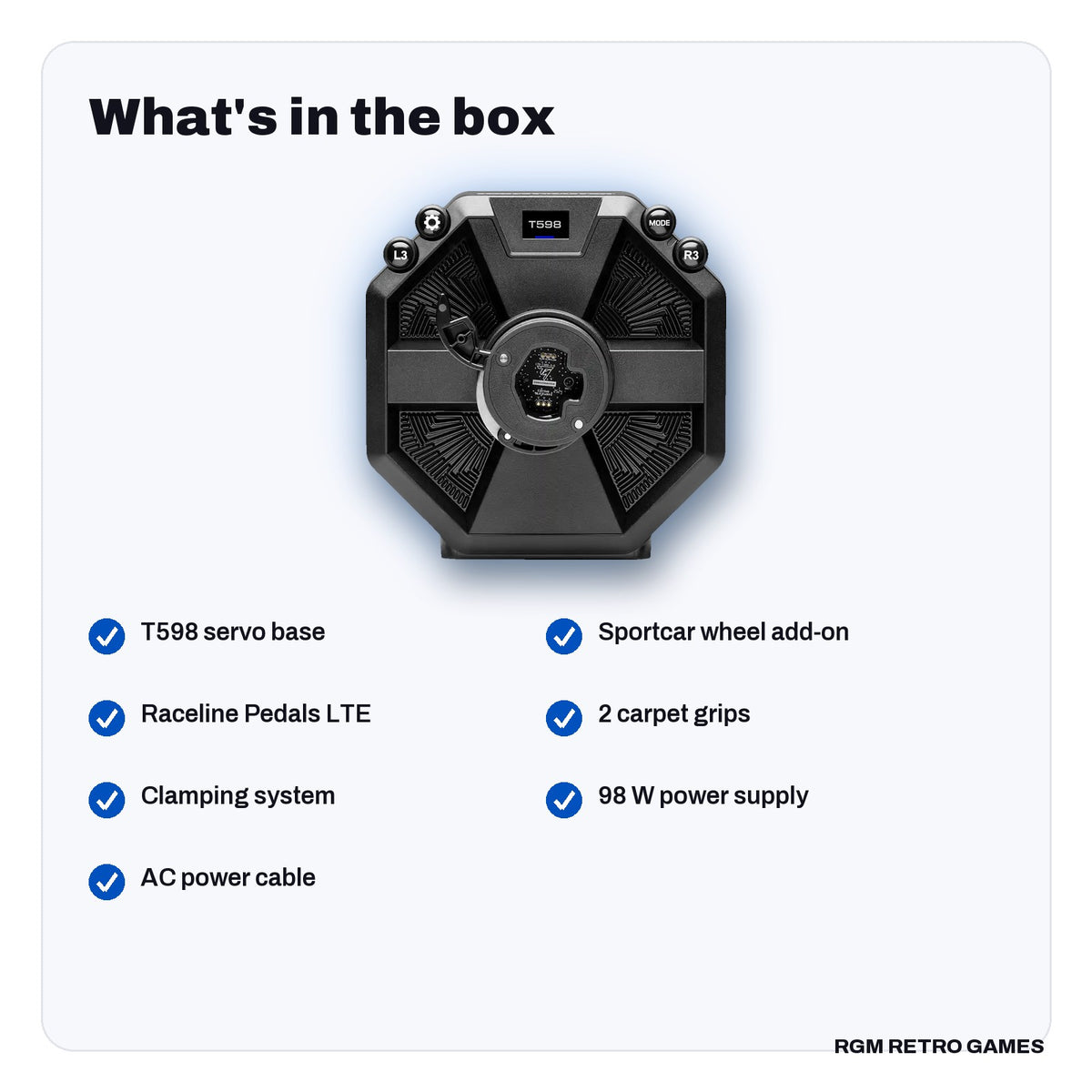 What's in the box with the Thrustmaster T598 Direct Axial Drive Racing Wheel and Pedal Set (PS5, PS4, PC)
