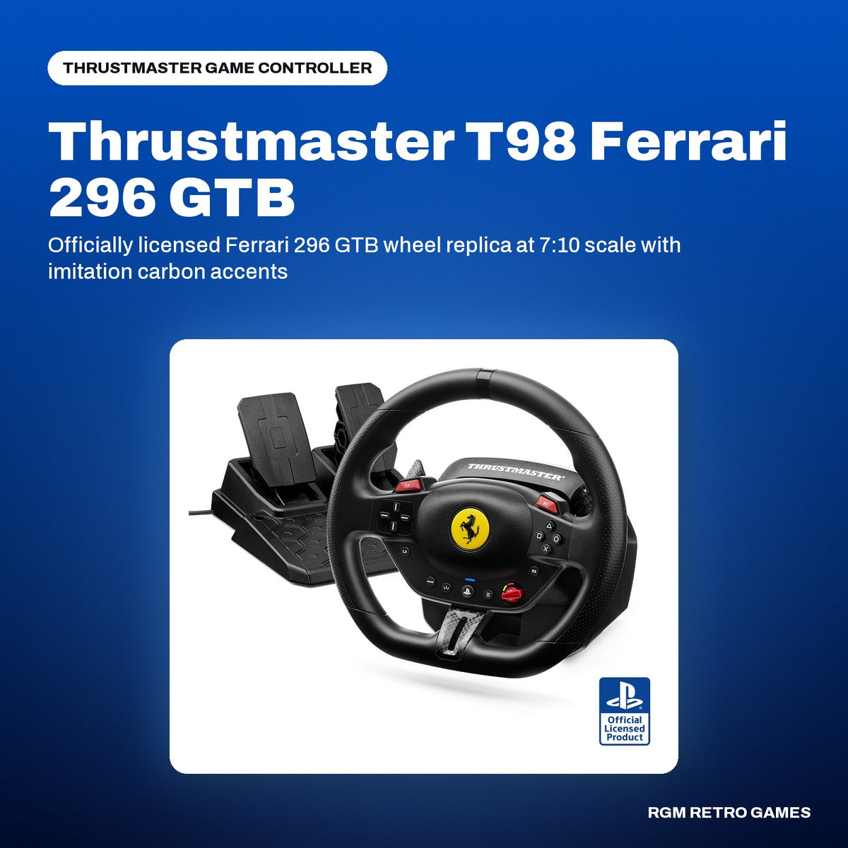 Thrustmaster T98 Ferrari 296 GTB Racing Wheel and Pedal Set (PS5, PS4, PC) in a Thrustmaster color scene