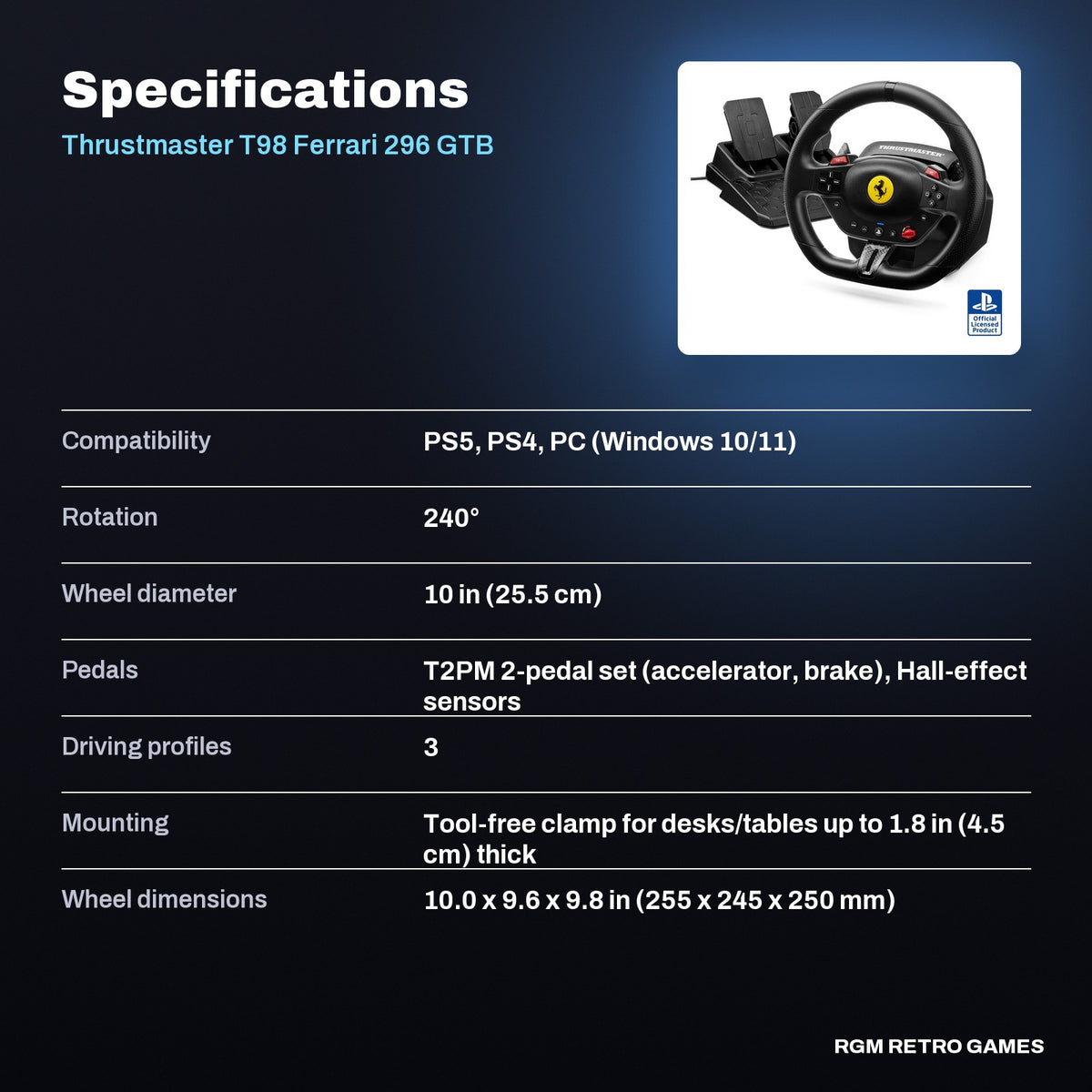 Thrustmaster T98 Ferrari 296 GTB Racing Wheel and Pedal Set (PS5, PS4, PC) specifications