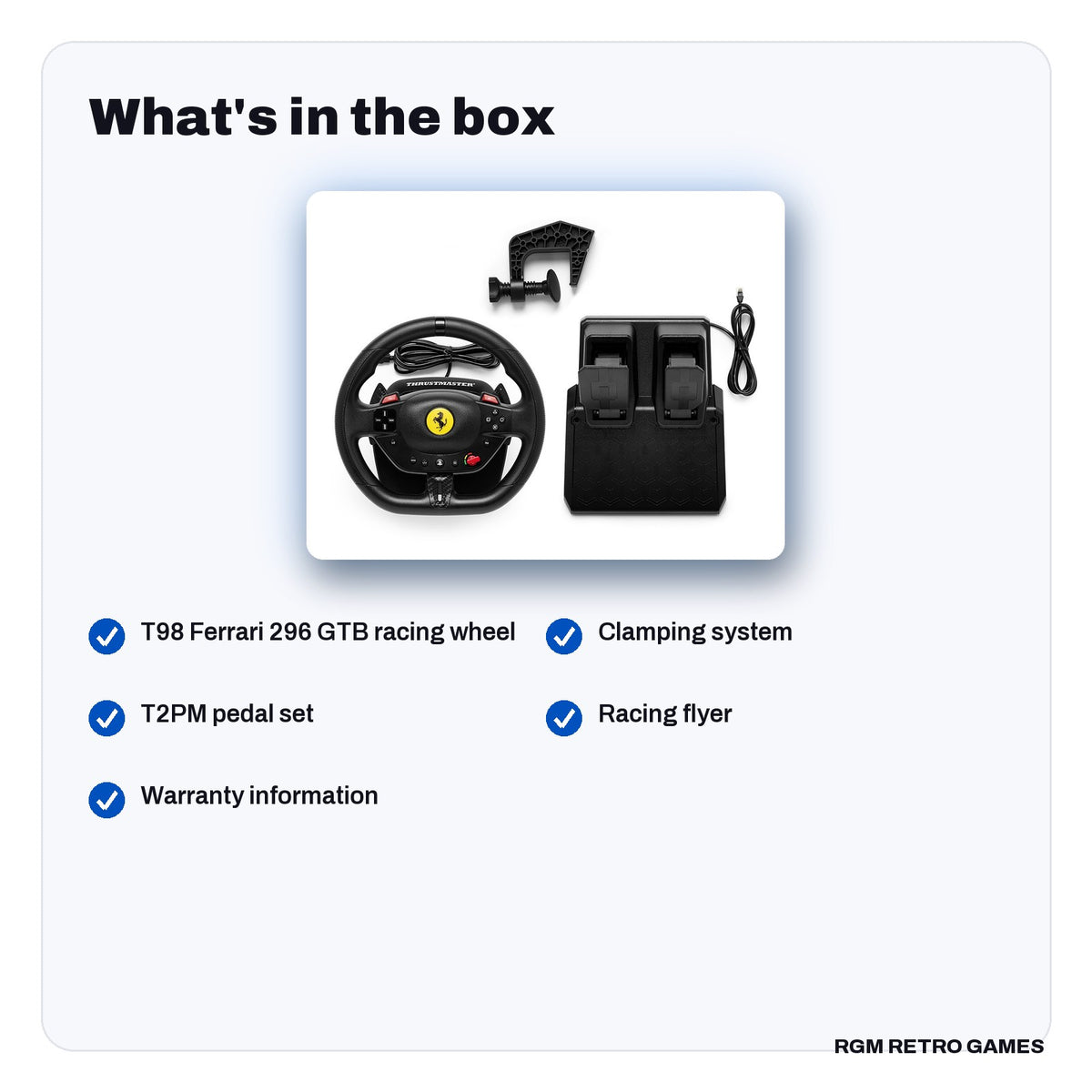 What's in the box with the Thrustmaster T98 Ferrari 296 GTB Racing Wheel and Pedal Set (PS5, PS4, PC)