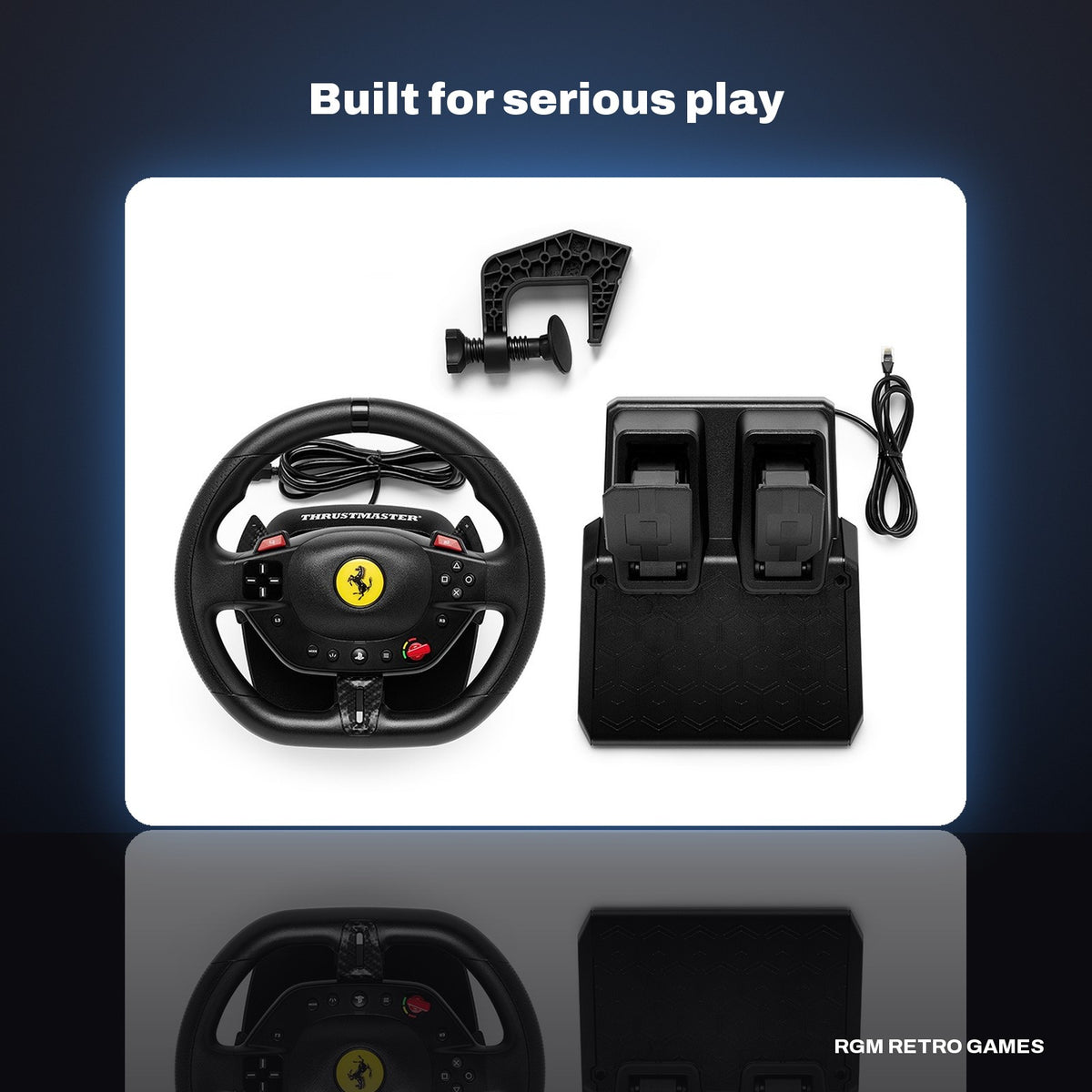 Thrustmaster T98 Ferrari 296 GTB Racing Wheel and Pedal Set (PS5, PS4, PC) in a dark studio setting