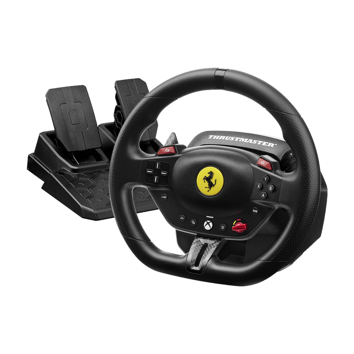 Thrustmaster T98 Ferrari 296 GTS Racing Wheel and Pedal Set for Xbox Series X|S, Xbox One and PC, front view on a white background
