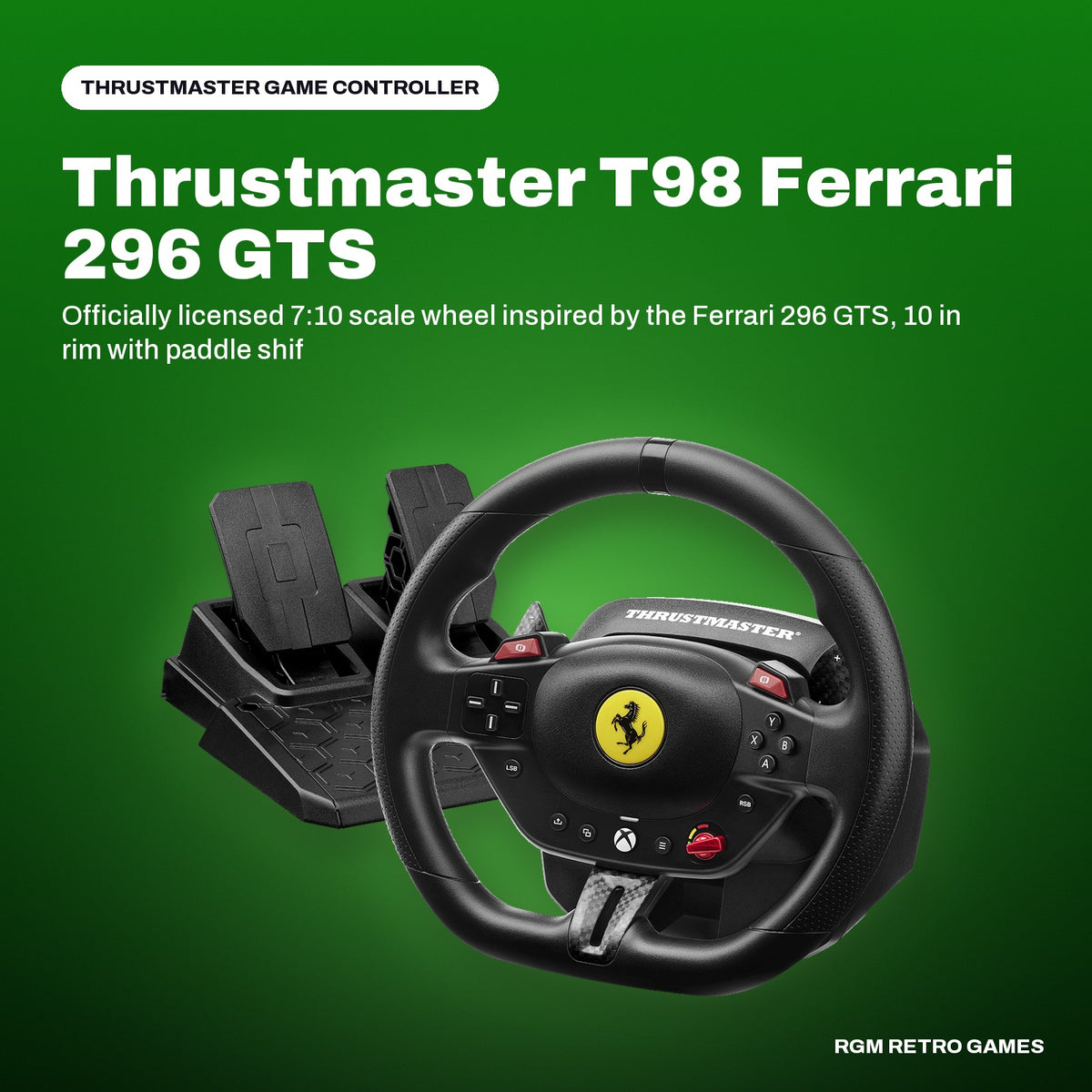 Thrustmaster T98 Ferrari 296 GTS Racing Wheel and Pedal Set for Xbox Series X|S, Xbox One and PC in a Thrustmaster color scene