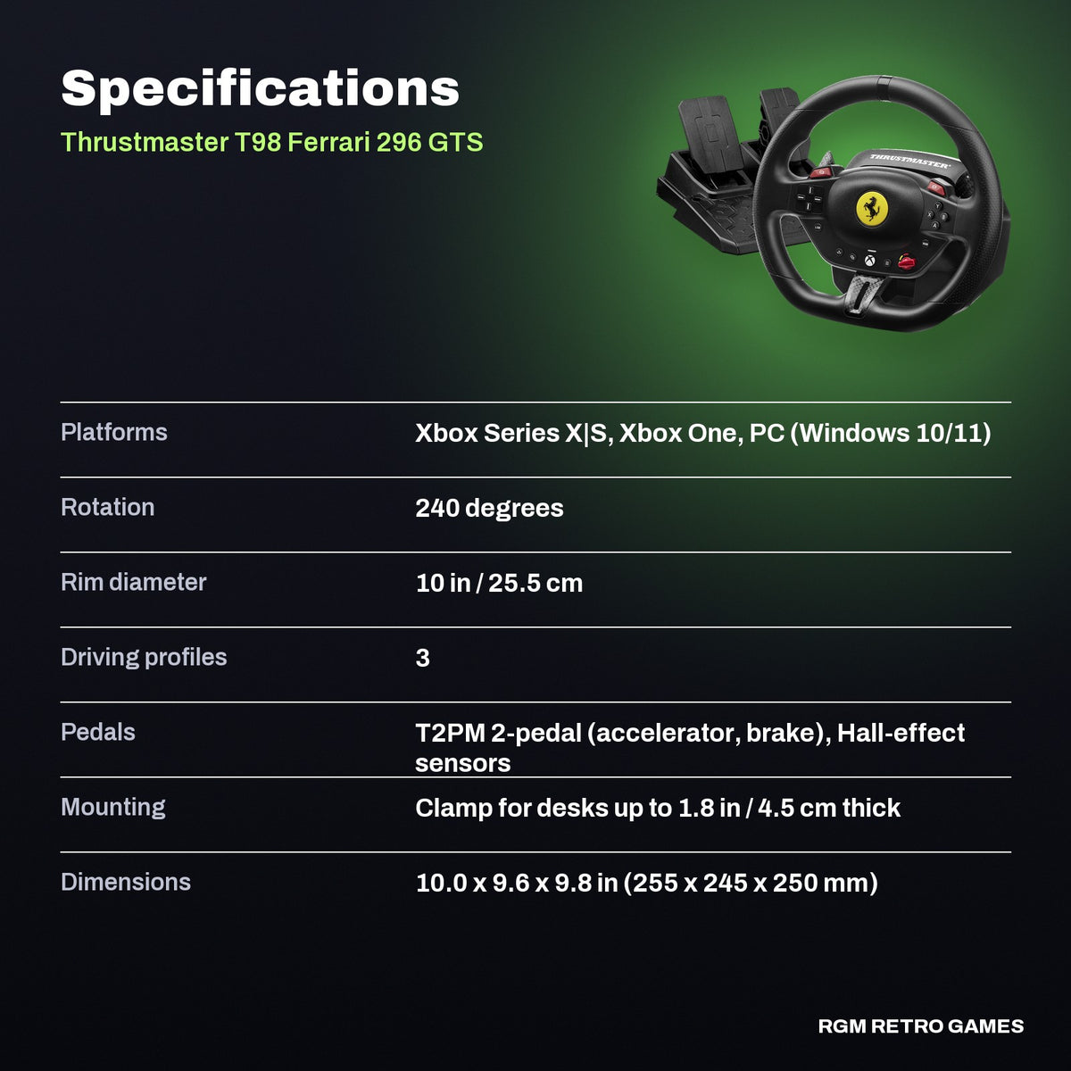 Thrustmaster T98 Ferrari 296 GTS Racing Wheel and Pedal Set for Xbox Series X|S, Xbox One and PC specifications