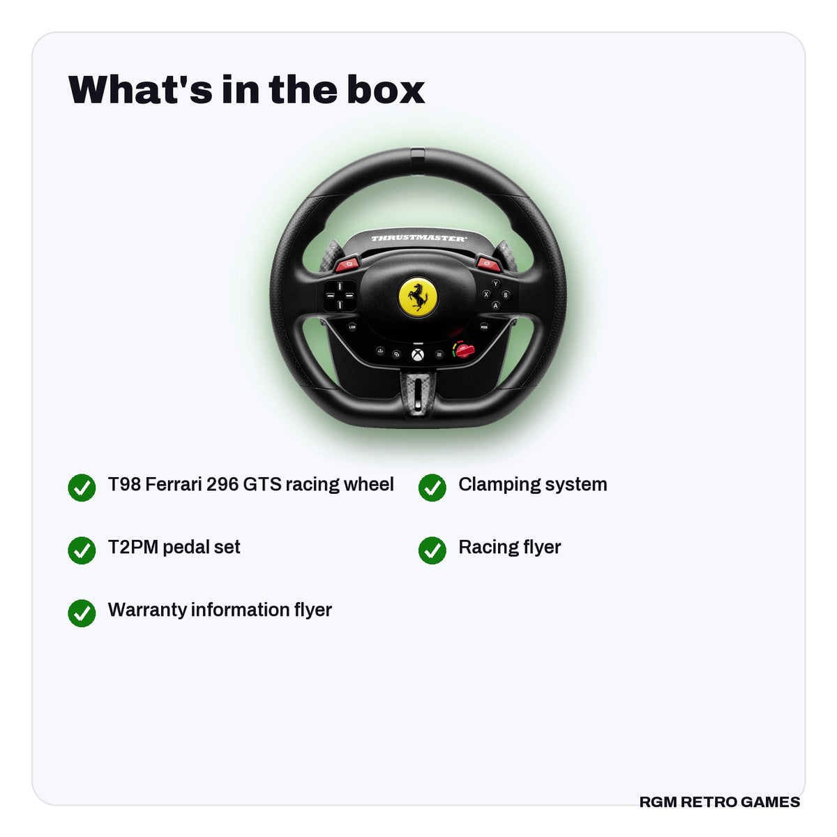 What's in the box with the Thrustmaster T98 Ferrari 296 GTS Racing Wheel and Pedal Set for Xbox Series X|S, Xbox One and PC