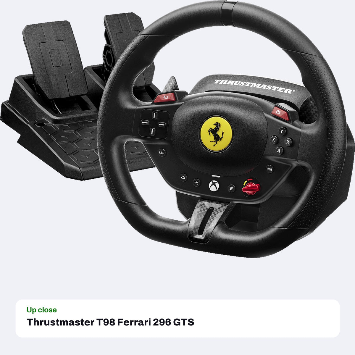 Thrustmaster T98 Ferrari 296 GTS Racing Wheel and Pedal Set for Xbox Series X|S, Xbox One and PC, close-up detail