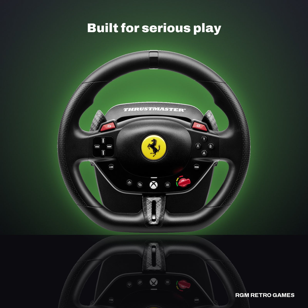 Thrustmaster T98 Ferrari 296 GTS Racing Wheel and Pedal Set for Xbox Series X|S, Xbox One and PC in a dark studio setting