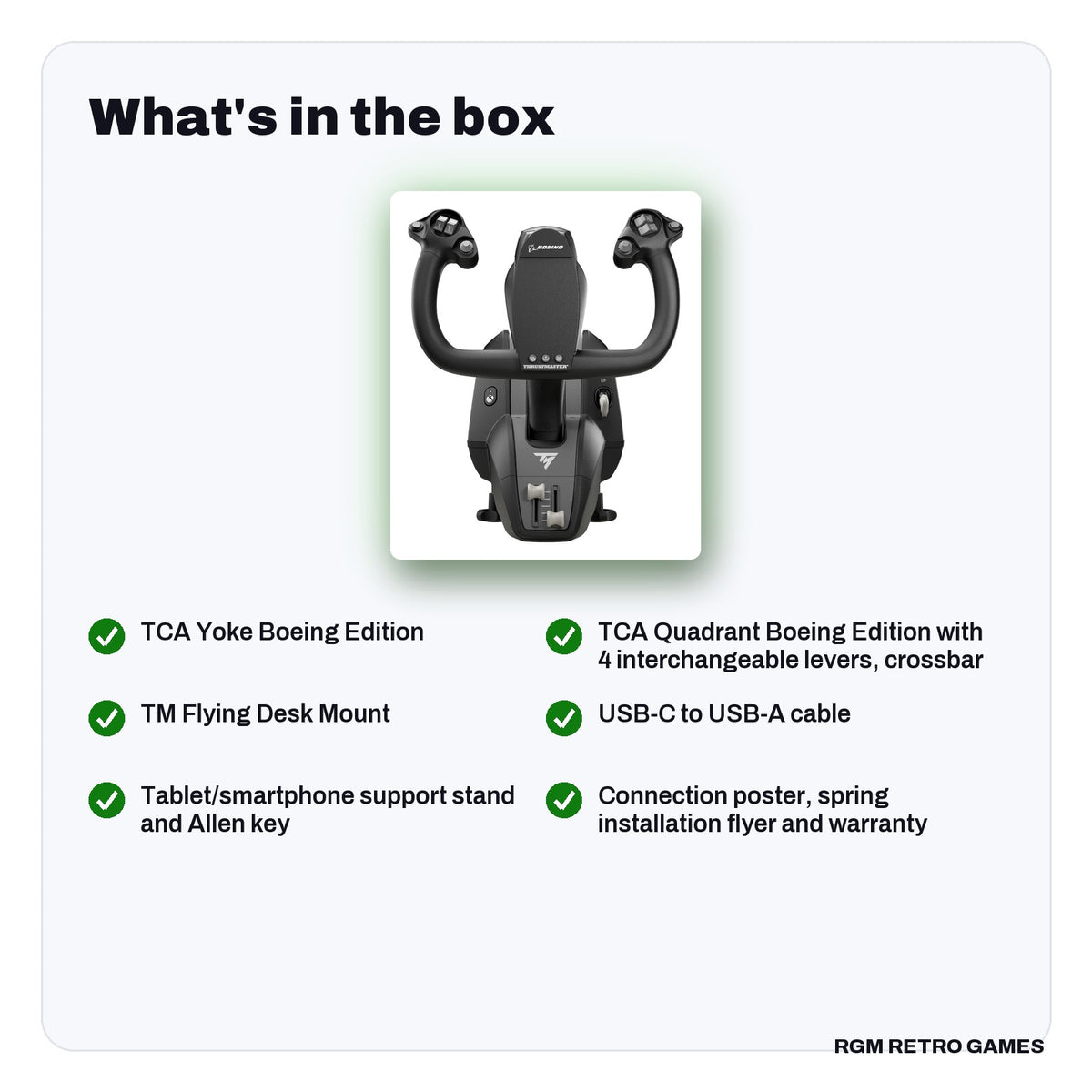 What's in the box with the Thrustmaster TCA Yoke Pack Boeing Edition (Yoke + Throttle Quadrant) for Xbox Series X|S, Xbox One and PC