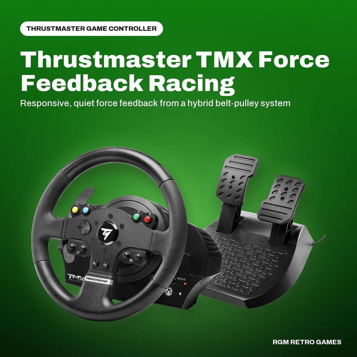 Thrustmaster TMX Force Feedback Racing Wheel with 2-Pedal Set (Xbox Series X|S, Xbox One, PC) in a Thrustmaster color scene