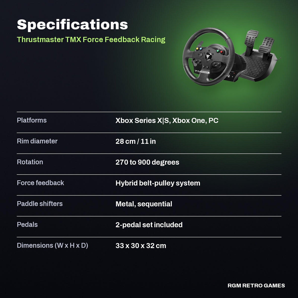 Thrustmaster TMX Force Feedback Racing Wheel with 2-Pedal Set (Xbox Series X|S, Xbox One, PC) specifications