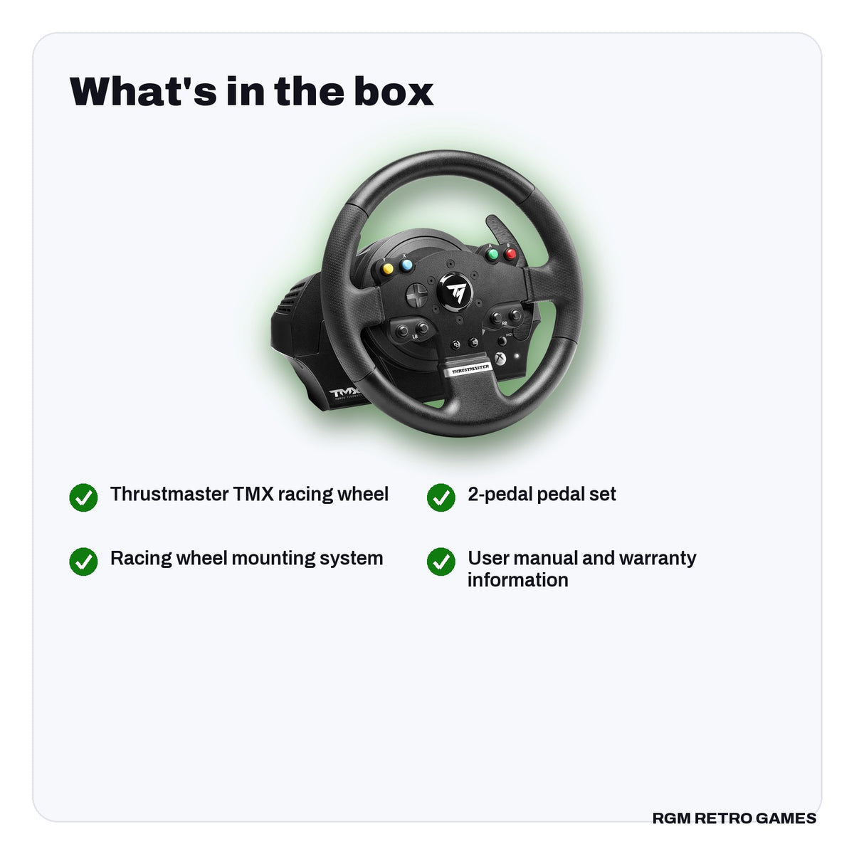 What's in the box with the Thrustmaster TMX Force Feedback Racing Wheel with 2-Pedal Set (Xbox Series X|S, Xbox One, PC)