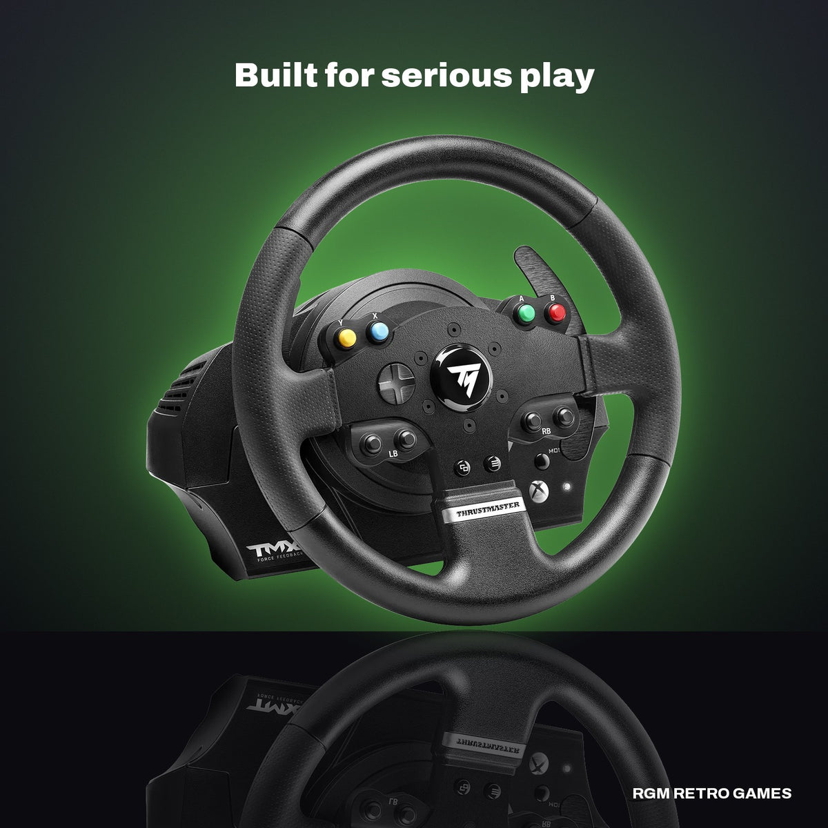 Thrustmaster TMX Force Feedback Racing Wheel with 2-Pedal Set (Xbox Series X|S, Xbox One, PC) in a dark studio setting