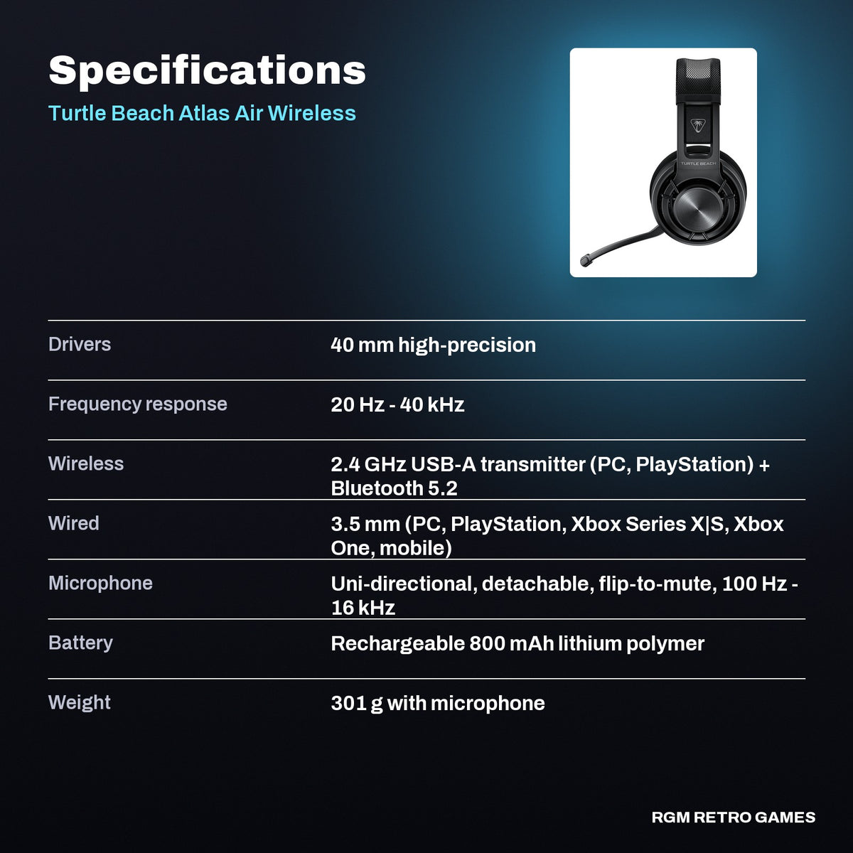 Turtle Beach Atlas Air Wireless Open-Back Gaming Headset - Black specifications
