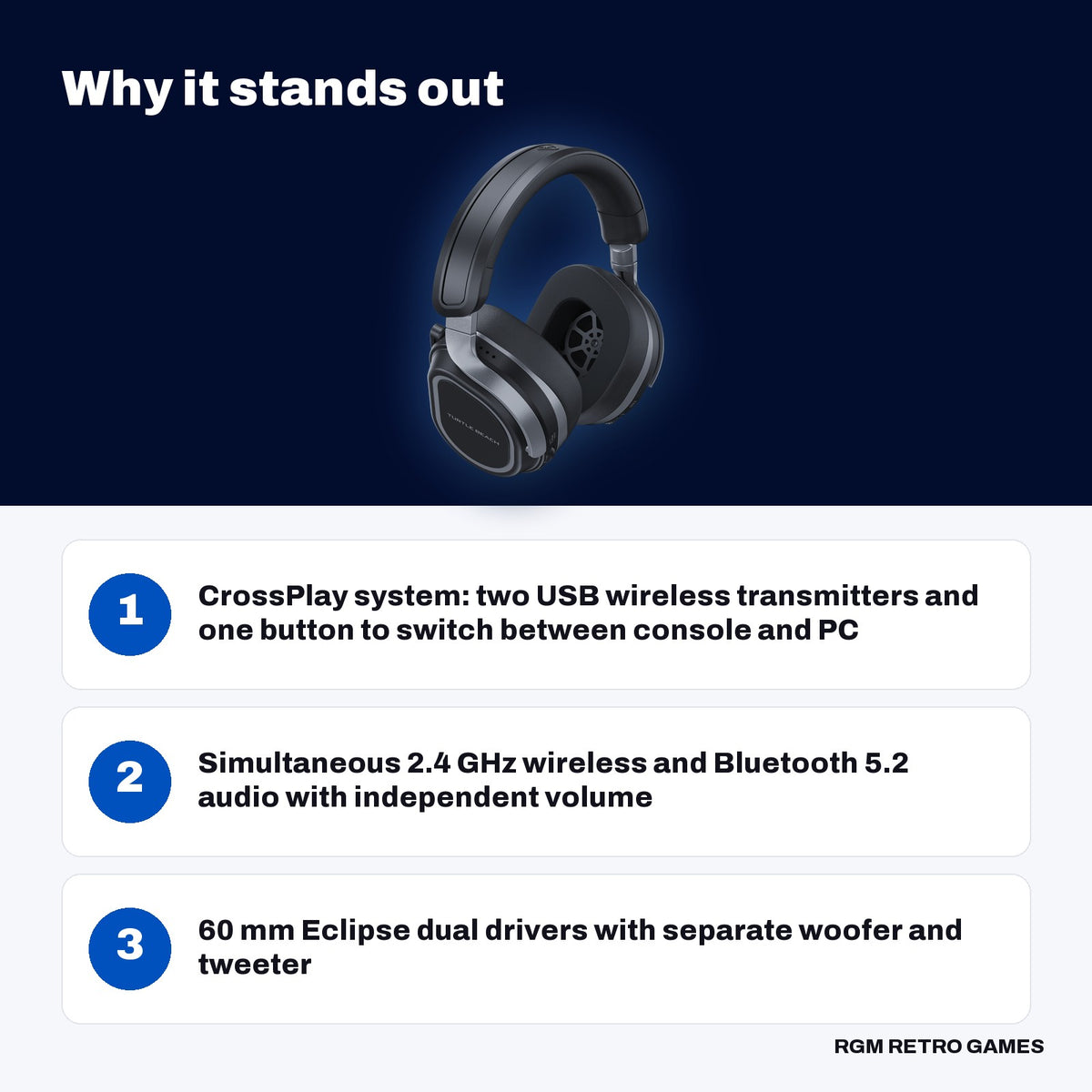 Turtle Beach Stealth 700 Gen 3 Wireless Multiplatform Gaming Headset for PlayStation (Black) key features: CrossPlay system: two USB wireless transmitters and one button to switch between console and PC, Simultaneous 2.4 GHz wireless and Bluetooth 5.2 audio with independent volume, 60 mm Eclipse dual drivers with separate woofer and tweeter