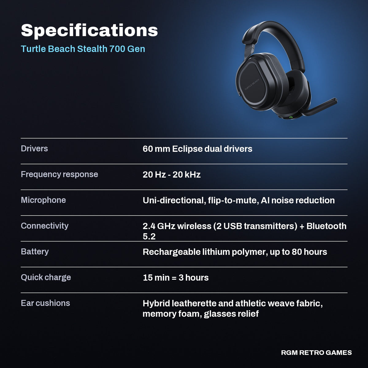 Turtle Beach Stealth 700 Gen 3 Wireless Multiplatform Gaming Headset for PlayStation (Black) specifications